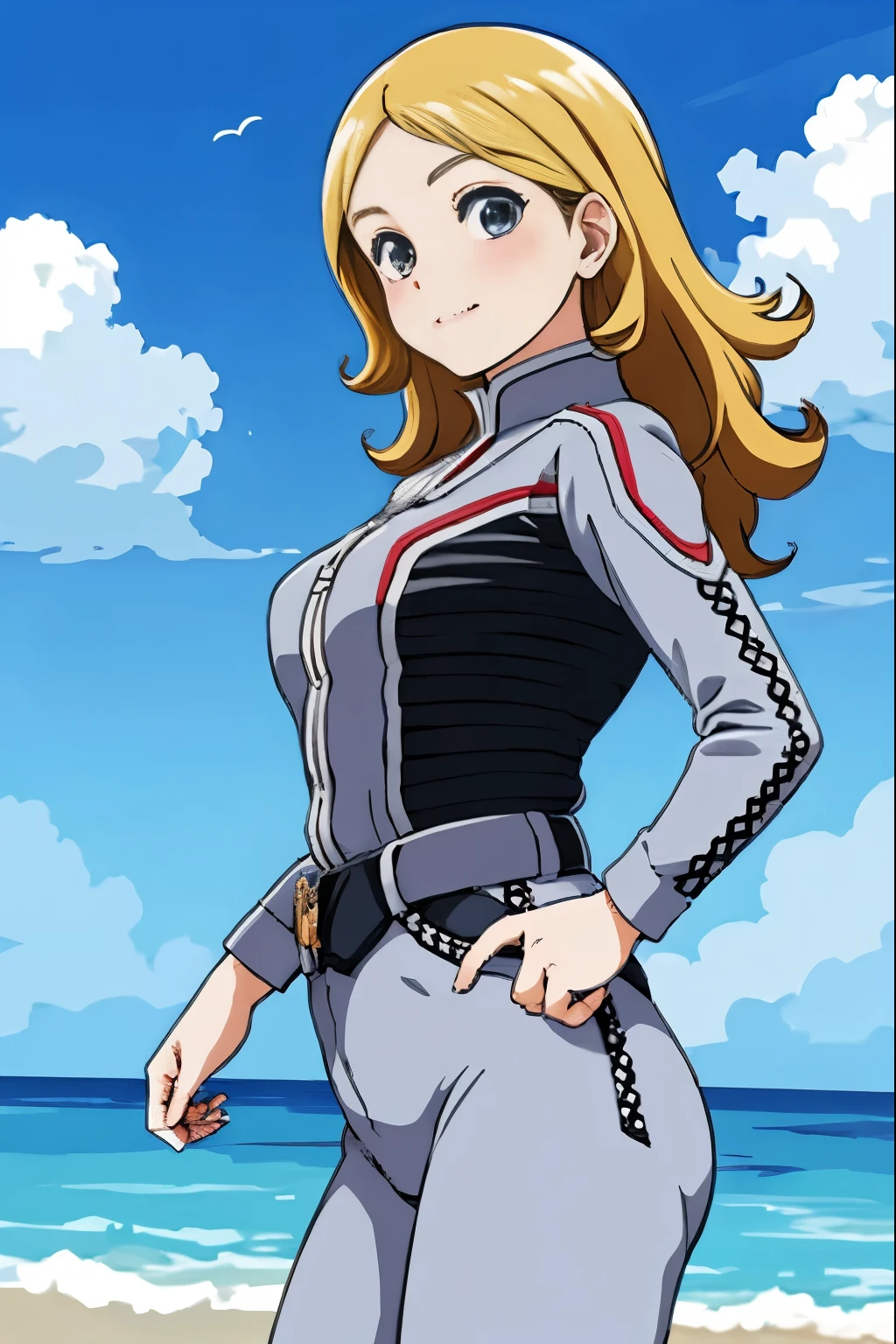 masterpiece, highest quality, alone,1 girl,looking at the viewer,outdoors, cowboy shot,Ocean,anime style,
 Ann