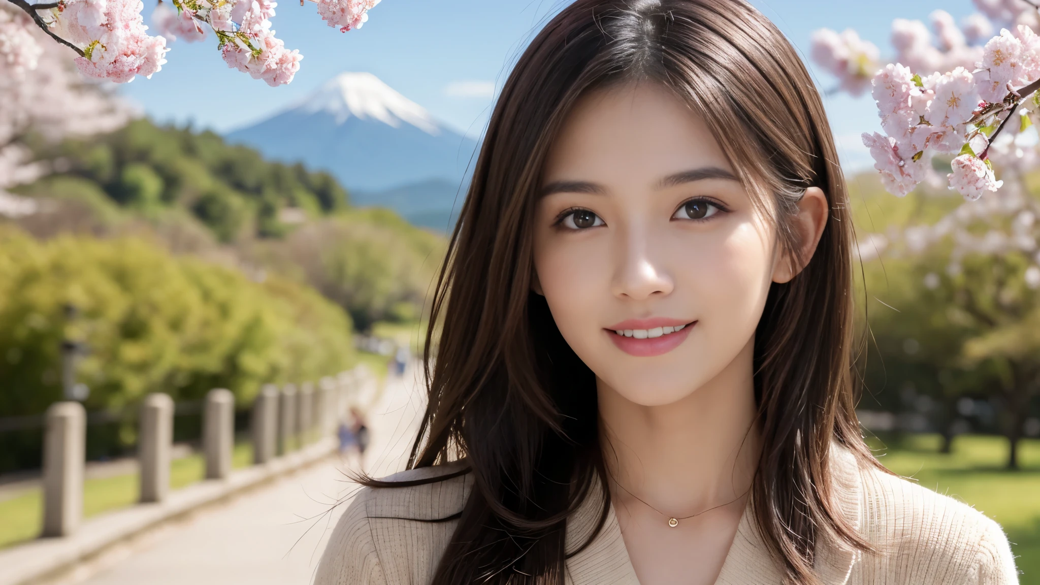 masterpiece, Best Quality, Photorealistic, Ultra-detailed, finely detailed, High resolution, 8K Wallpaper, 1 beautiful woman, light brown hair, foco nítido, Perfect dynamic composition, Beautiful detailed eyes, detailed hairs, Detailed realistic skin texture, Smiling, portrait, Model body type, Take a walk in the park with cherry blossoms and Fuji mountain background,