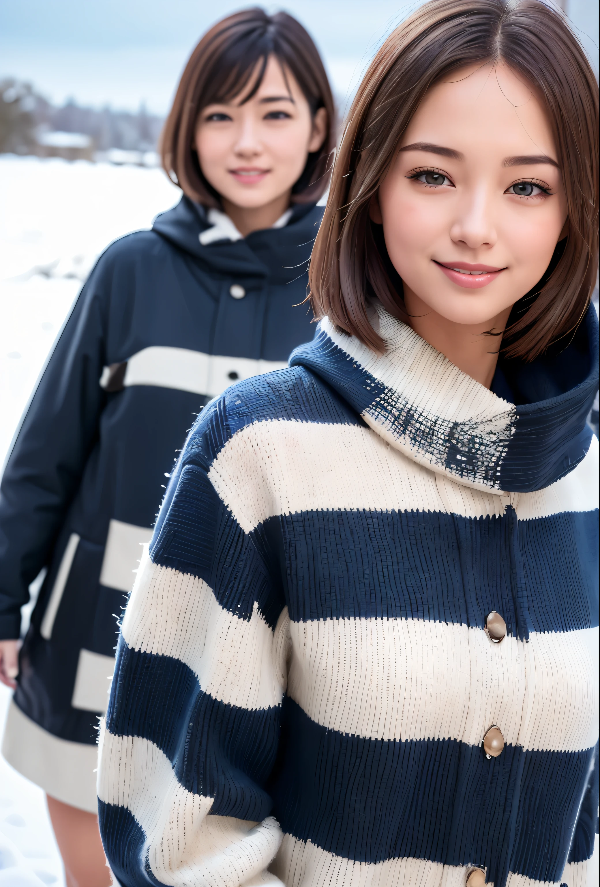 (8k, highest quality, masterpiece: 1.2), (realistic, photorealistic: 1.37), Super detailed, single girl, cute, alone, beautiful and detailed sky, snow scene, walk, realistic skin texture, (shy smile: 1.15), small breasts (closed your mouth), Beautiful little eyes, Floating hair NovaFrogStyle, hooded coat, super high quality, cowboy shot