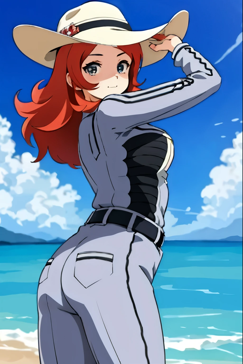 masterpiece, highest quality, alone,1 girl,looking at the viewer,outdoors, cowboy shot,Ocean,anime style,
 Ann