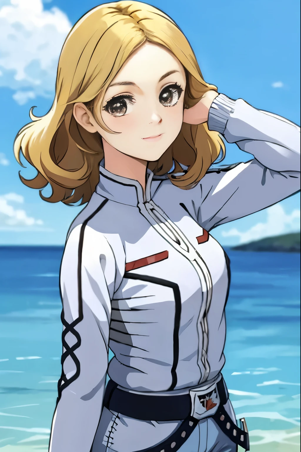 masterpiece, highest quality, alone,1 girl,looking at the viewer,outdoors, cowboy shot,Ocean,anime style,
 Ann