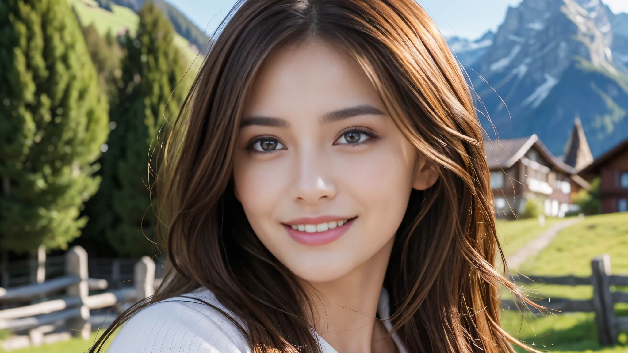 masterpiece, Best Quality, Photorealistic, Ultra-detailed, finely detailed, High resolution, 8K Wallpaper, 1 beautiful woman, light brown hair, foco nítido, Perfect dynamic composition, Beautiful detailed eyes, detailed hairs, Detailed realistic skin texture, Smiling, portrait, Model body type, The background is the village of Grindelwald, Switzerland,
