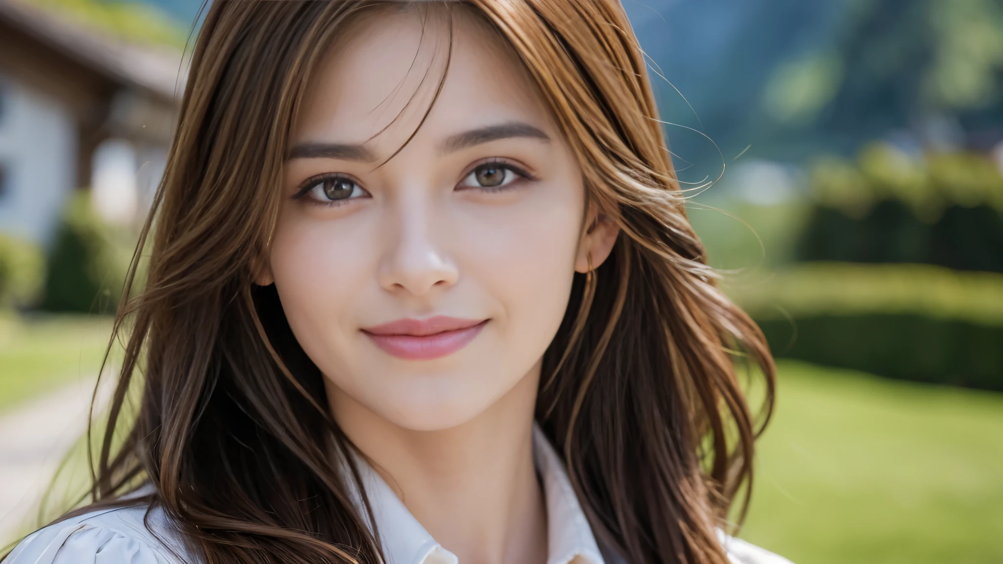 masterpiece, Best Quality, Photorealistic, Ultra-detailed, finely detailed, High resolution, 8K Wallpaper, 1 beautiful woman, light brown hair, foco nítido, Perfect dynamic composition, Beautiful detailed eyes, detailed hairs, Detailed realistic skin texture, Smiling, portrait, Model body type, The background is the village of Grindelwald, Switzerland,
