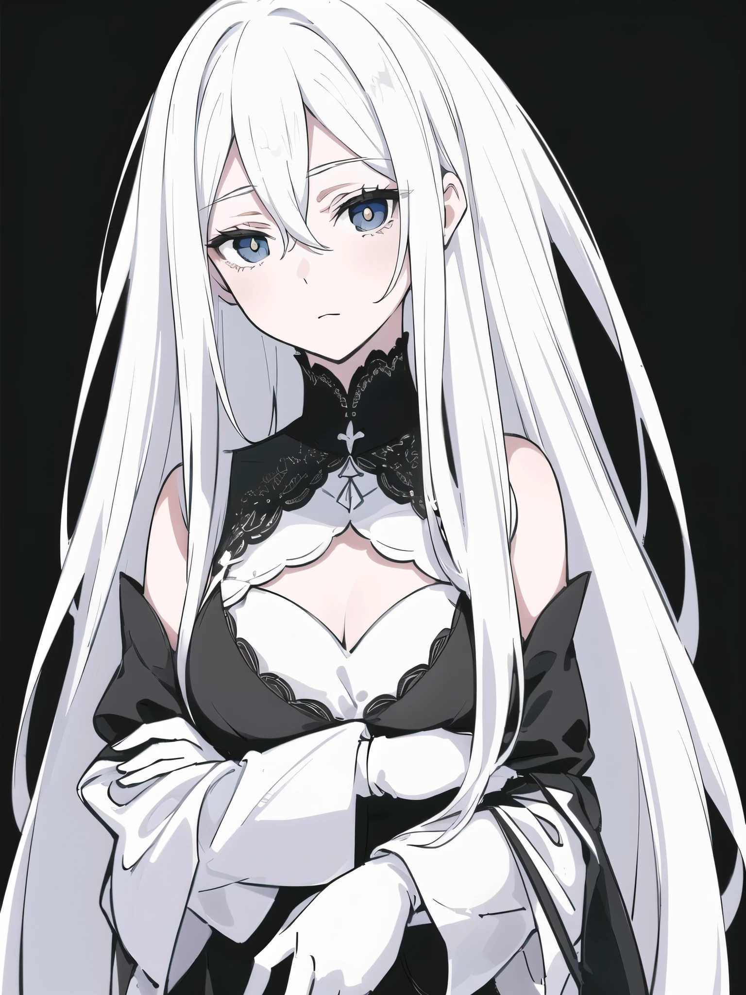 ((White hair)),((Head and Shoulders Image)),Sexy,A person,Alone,Simple style,pancake ,Simple details,Black background,Empty background,Black background wall,(20 year old woman),(Droopy hair),(White Gloves),(Evening Gown),(Lace Shirt),Lace,(confidence)