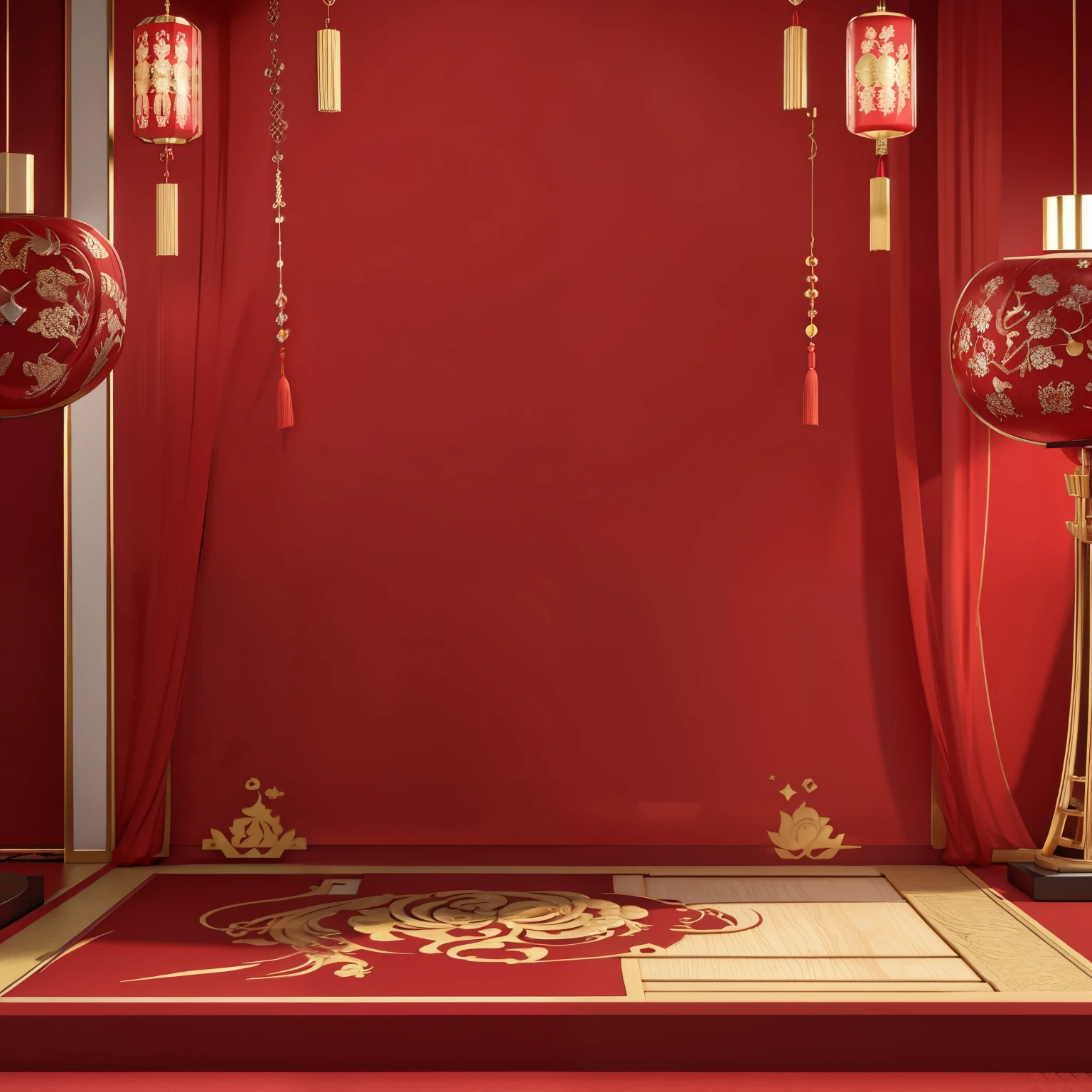 red carpet,Chinese elements,festive,猩red carpet,wooden display stand,3D rendering,Hexagon display stand,ultra high definition,The most integrated background,reasonable,best quality,Super detailed