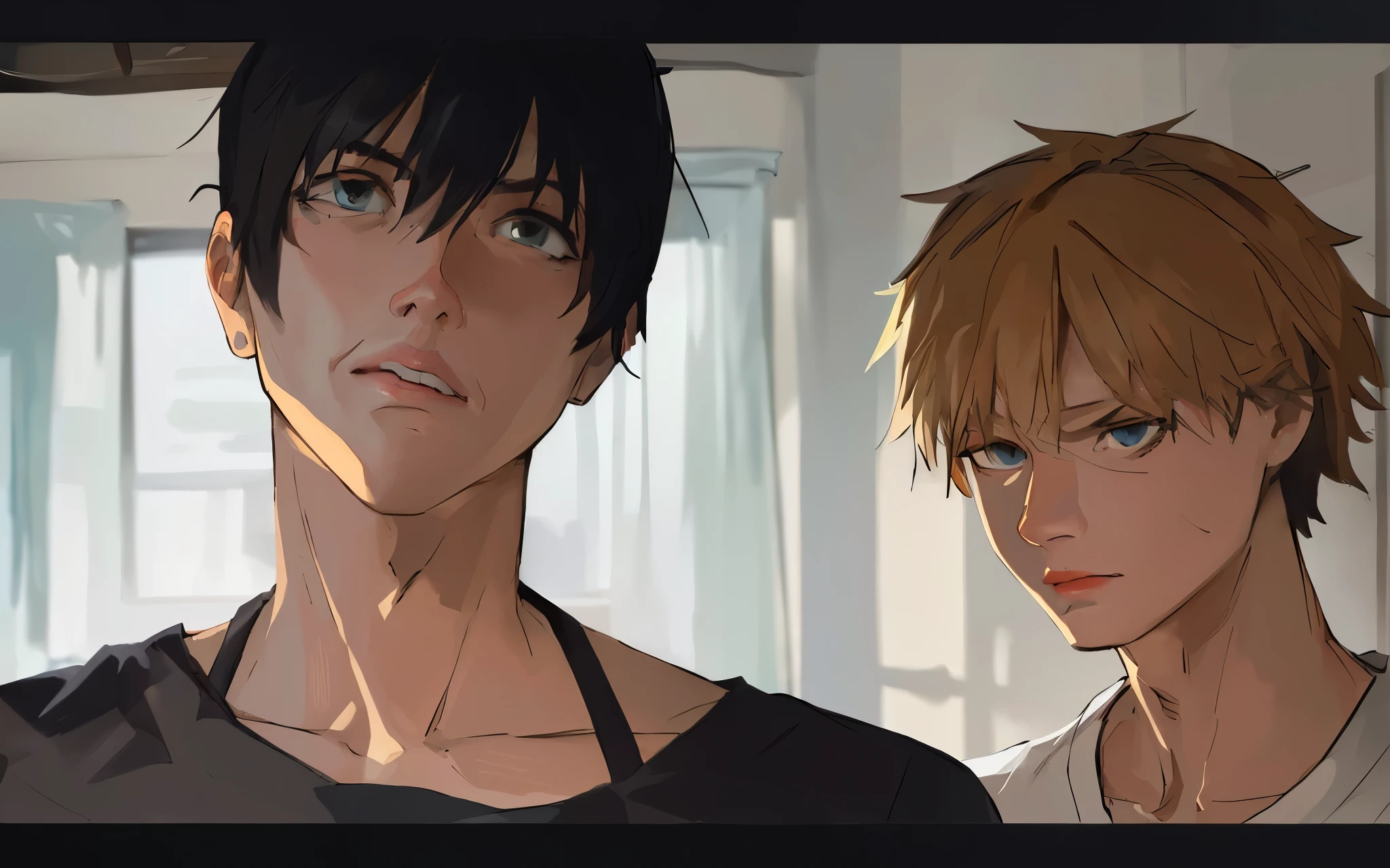 (best quality,4k,8k,highres,masterpiece:1.2),ultra-detailed,realistic,anime characters,beautifully painted men,room setting,detailed eyes,detailed lips,sharp focus,vivid colors,studio lighting,artistic style,high-quality illustrations,excellent craftsmanship,bokeh,physically-based rendering,thoughtful composition,immersive atmosphere, ((samdoesart))
