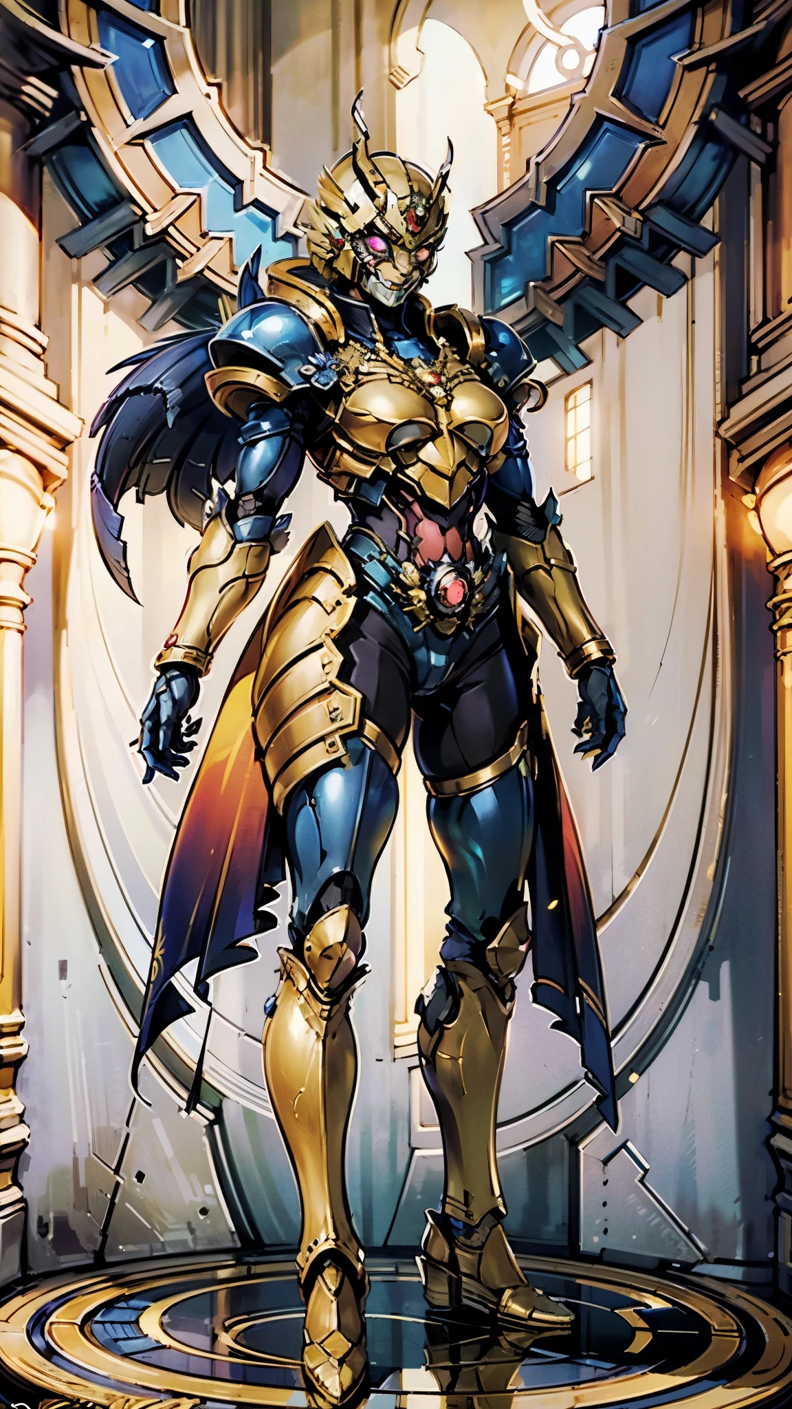 A woman adorned in fantasy-style full-body armor, a crown-concept fully enclosed helmet that unveils only her eyes, a composite layered chest plate, fully encompassing shoulder and hand guards, a lightweight waist armor, form-fitting shin guards, the overall design is heavy-duty yet flexible, (the armor gleams with a golden glow, complemented by red and blue accents), exhibiting a noble aura, she floats above a fantasy-surreal high-tech city, this character embodies a finely crafted fantasy-surreal style armored hero in anime style, exquisite and mature manga art style, (mixture of Queen bee and Spider concept Armor, plasma), ((Element, elegant, goddess, femminine:1.5)), metallic, high definition, best quality, highres, ultra-detailed, ultra-fine painting, extremely delicate, professional, anatomically correct, symmetrical face, extremely detailed eyes and face, high quality eyes, creativity, RAW photo, UHD, 32k, Natural light, cinematic lighting, masterpiece-anatomy-perfect, masterpiece:1.5
