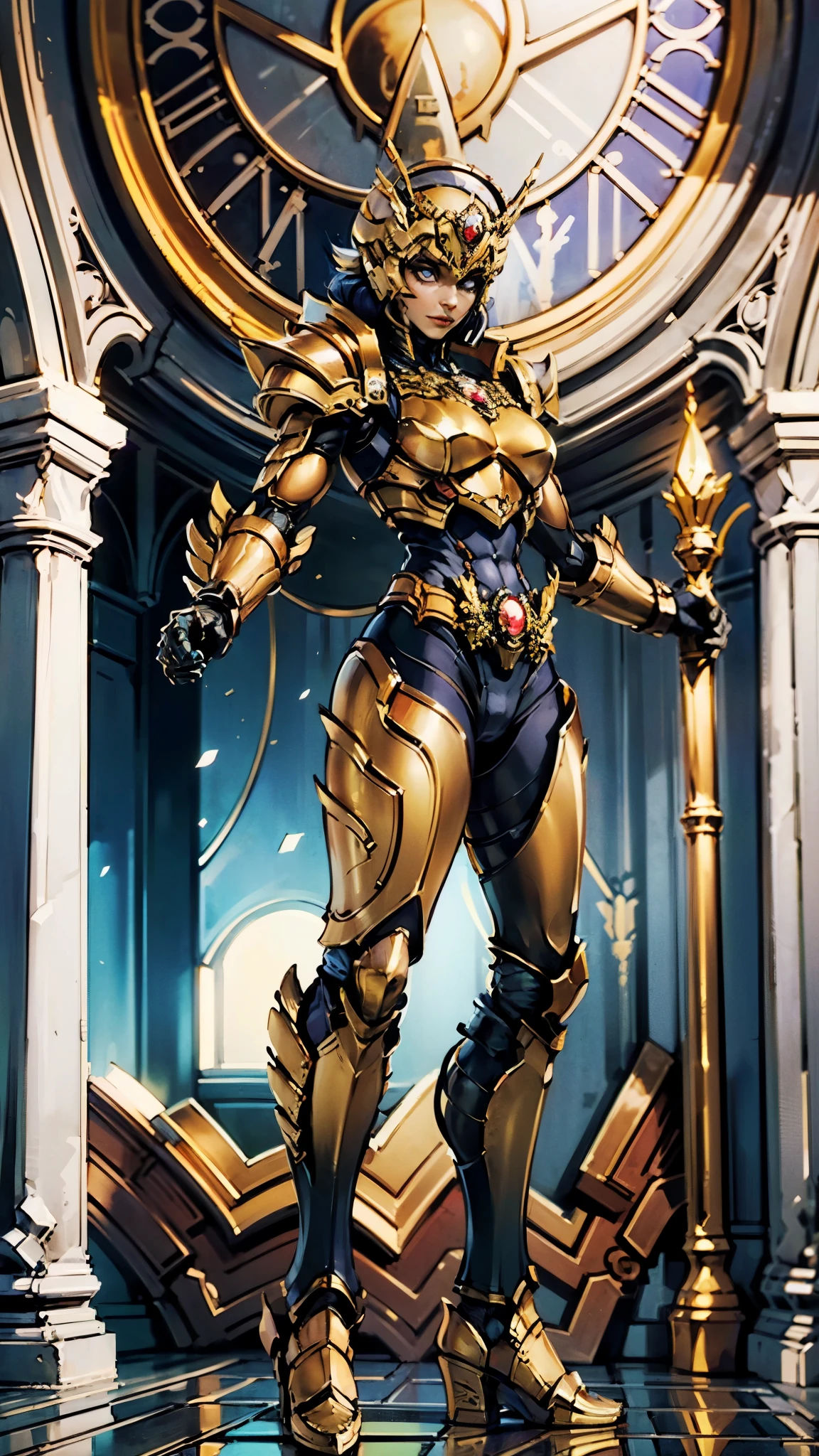 A woman adorned in fantasy-style full-body armor, a crown-concept fully enclosed helmet that unveils only her eyes, a composite layered chest plate, fully encompassing shoulder and hand guards, a lightweight waist armor, form-fitting shin guards, the overall design is heavy-duty yet flexible, (the armor gleams with a golden glow, complemented by red and blue accents), exhibiting a noble aura, she floats above a fantasy-surreal high-tech city, this character embodies a finely crafted fantasy-surreal style armored hero in anime style, exquisite and mature manga art style, (mixture of Queen bee and Spider concept Armor, plasma), ((Element, elegant, goddess, femminine:1.5)), metallic, high definition, best quality, highres, ultra-detailed, ultra-fine painting, extremely delicate, professional, anatomically correct, symmetrical face, extremely detailed eyes and face, high quality eyes, creativity, RAW photo, UHD, 32k, Natural light, cinematic lighting, masterpiece-anatomy-perfect, masterpiece:1.5