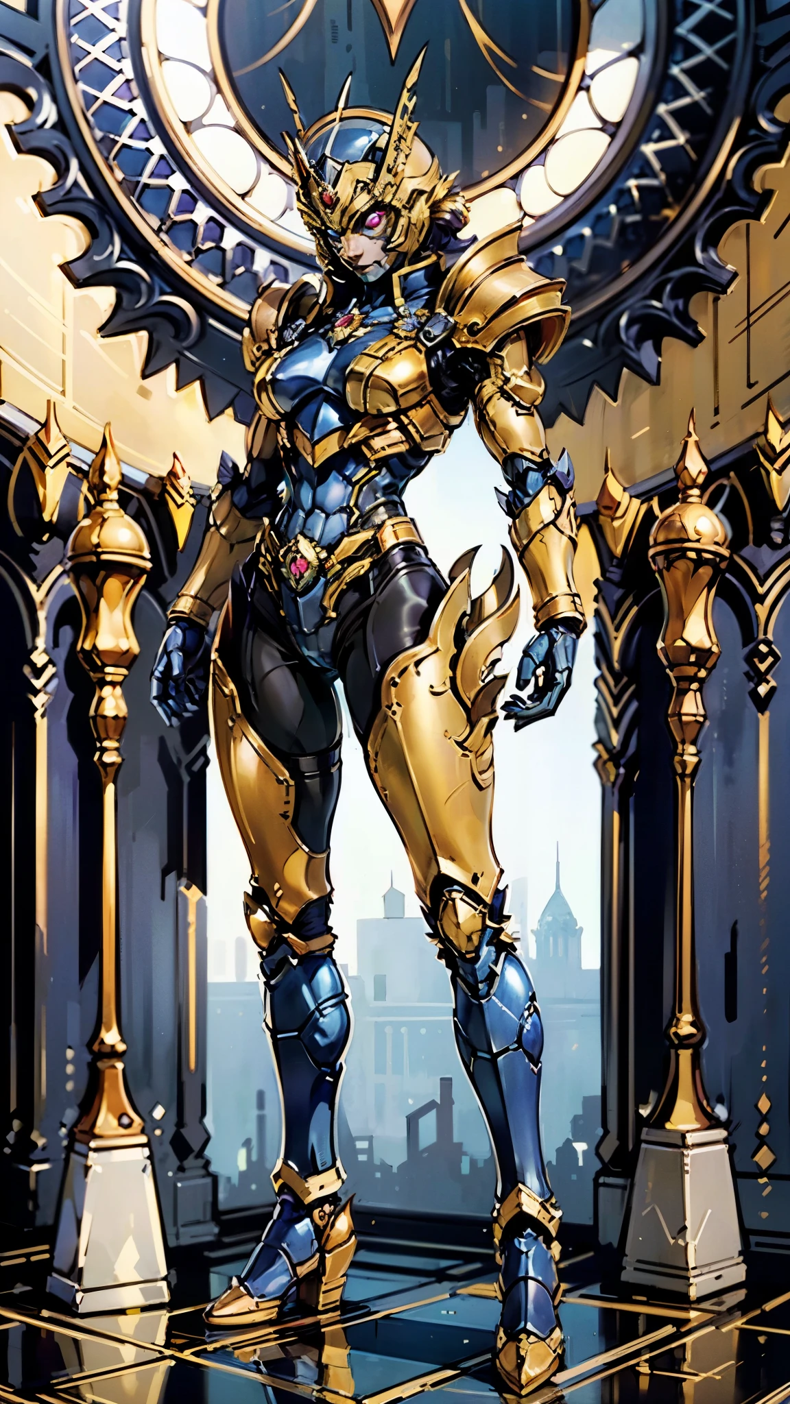 A woman adorned in fantasy-style full-body armor, a crown-concept fully enclosed helmet that unveils only her eyes, a composite layered chest plate, fully encompassing shoulder and hand guards, a lightweight waist armor, form-fitting shin guards, the overall design is heavy-duty yet flexible, (the armor gleams with a golden glow, complemented by red and blue accents), exhibiting a noble aura, she floats above a fantasy-surreal high-tech city, this character embodies a finely crafted fantasy-surreal style armored hero in anime style, exquisite and mature manga art style, (mixture of Queen bee and Spider concept Armor, plasma), ((Element, elegant, goddess, femminine:1.5)), metallic, high definition, best quality, highres, ultra-detailed, ultra-fine painting, extremely delicate, professional, anatomically correct, symmetrical face, extremely detailed eyes and face, high quality eyes, creativity, RAW photo, UHD, 32k, Natural light, cinematic lighting, masterpiece-anatomy-perfect, masterpiece:1.5