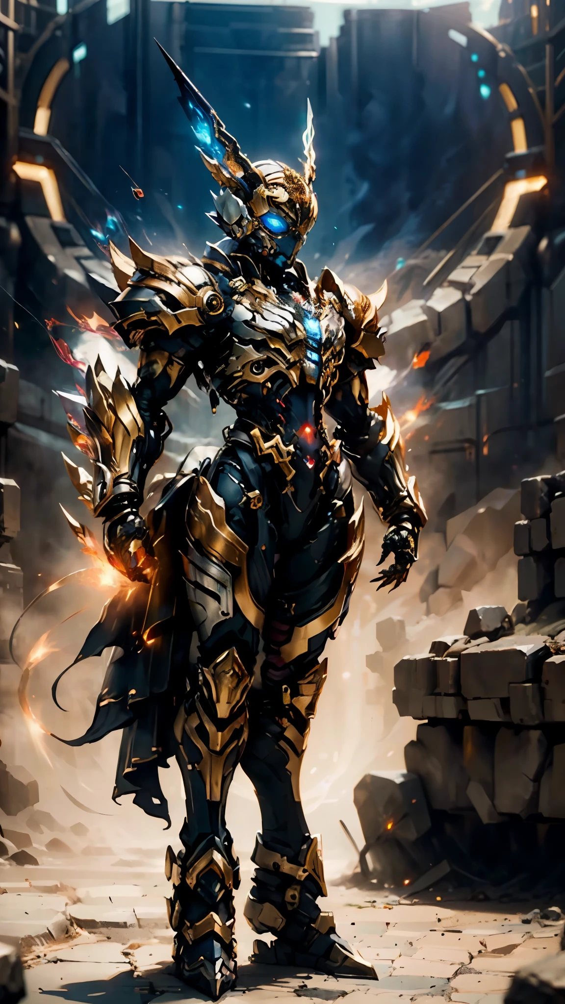 A woman adorned in fantasy-style full-body armor, a crown-concept fully enclosed helmet that unveils only her eyes, a composite layered chest plate, fully encompassing shoulder and hand guards, a lightweight waist armor, form-fitting shin guards, the overall design is heavy-duty yet flexible, (the armor gleams with a golden glow, complemented by red and blue accents), exhibiting a noble aura, she floats above a fantasy-surreal high-tech city, this character embodies a finely crafted fantasy-surreal style armored hero in anime style, exquisite and mature manga art style, (mixture of Queen bee and Spider concept Armor, plasma), ((Element, elegant, goddess, femminine:1.5)), metallic, high definition, best quality, highres, ultra-detailed, ultra-fine painting, extremely delicate, professional, anatomically correct, symmetrical face, extremely detailed eyes and face, high quality eyes, creativity, RAW photo, UHD, 32k, Natural light, cinematic lighting, masterpiece-anatomy-perfect, masterpiece:1.5