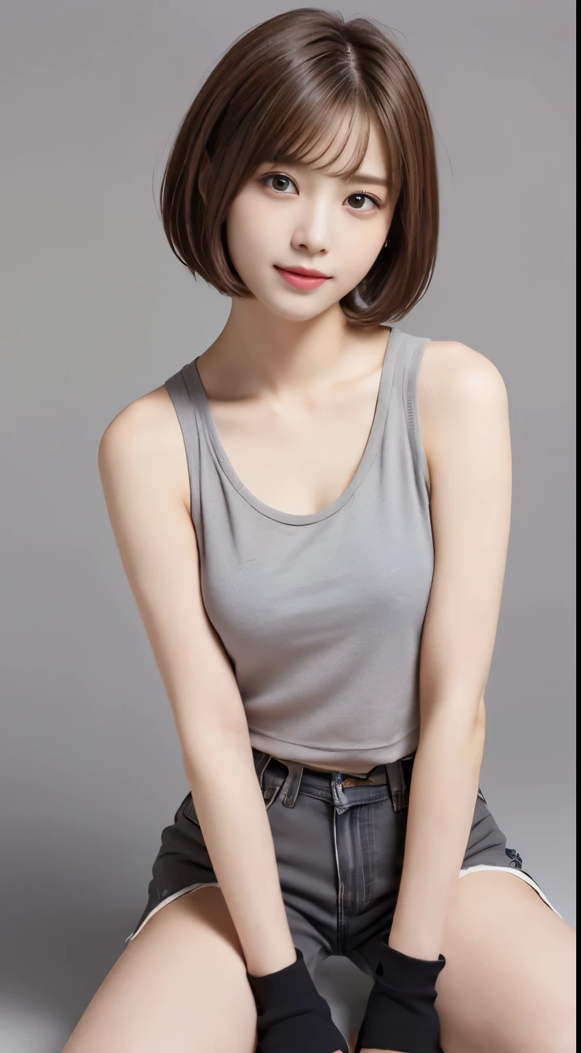 ((bust up shot:1.5))、((girl with beautiful eyes))、((Place your hands naturally on your hips:1.8))、((Beautiful girl wearing a loose tank top:1.5))、((Beautiful woman staring at camera expressionless:1.5))、((Take a full body photo:1.8))、natural shading、(((spread your legs wide:1.6)))、((ID photo of beautiful face:1.9))、(Shooting with the camera facing forward:1.8), ((とても小さい胸のsmall breasts美少女:1.5))、((woman sitting:1.8))、((anatomically accurate woman:1.5))、((Beautiful girl wearing a loose tank top:1.5))、((Beautiful girl wearing a loose tank top))、K-POP idolはCalm and happy like a goddess、((small breasts、straight and flat chest、breasts without bulge))、mean look、masterpiece, highest quality, 8k, absurd, (Take a photo with the whole body facing forward:1.4), (ゆるいタンクトップにhot pants:1.5)、(((small breasts)))、(((sexy idol)))、Look at the viewer with your whole body、((small breasts:1.5))、natural shading、((small breasts))、K-POP idol)Calm and happy like a goddess、(((Small )))、(((bust up shot)))、Look at the viewer with your whole body、((small breasts:1.5))、natural shading、((small breasts))、K-POP idol)Calm and happy like a goddess、(((ゆるいタンクトップのbust up shot)))、(((hot pants)))、Look at the viewer with your whole body、((:1.5))、natural shading、((small breasts))、K-POP idol)Calm and happy like a goddess、Look at the viewer with your whole body、((((brown hair short bob cut))))、((Japanese girl with brown hair and short bob cut)))、(Short Bob Cut Girl:1.5)、masterpiece, highest quality, 8k, absurd, (Upper body:1.4), beautiful girl, pretty face, looking at the viewer, laughter, surreal, High resolution, picture, film grain, chromatic aberration, sharp focus, nffsw, face light, dynamic lighting, movie lighting, professional shadow, simple background, (dull gray background:1.4), most detailed, very detailed, super detailed, finely, real skin, delicate features, detailed face and eyes, sharp pupils、real students、(Korean、Japanese、Chinese:0.