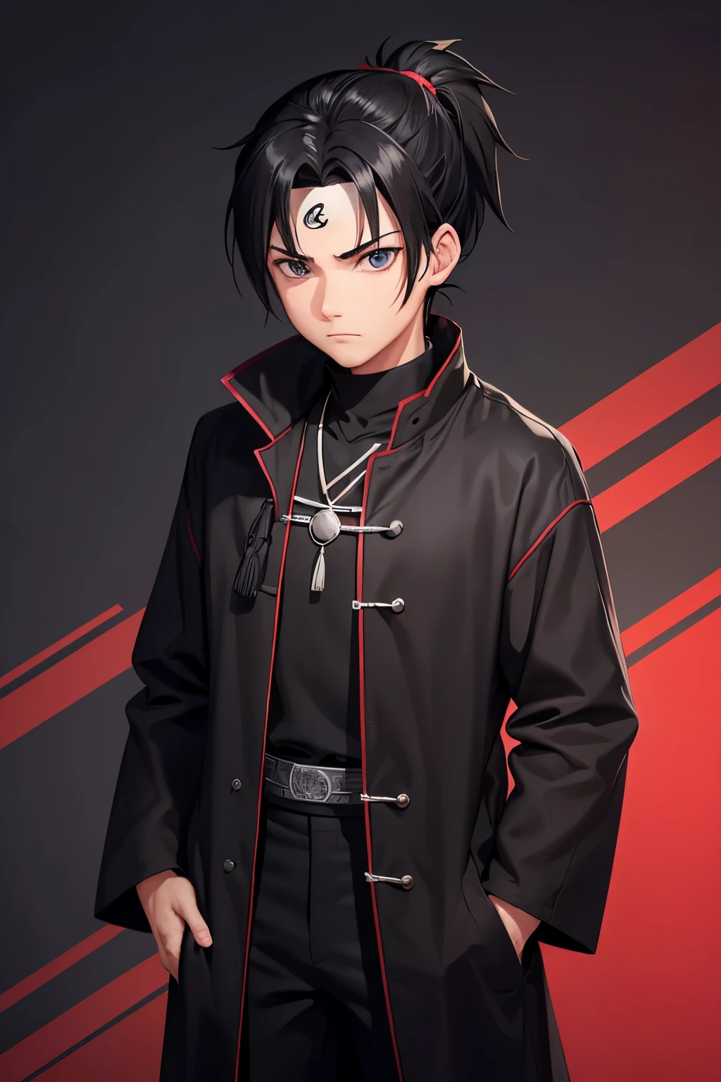 Create an illustration of a -yeld macharacter in the style of Naruto anime. The character has medium, jet-black hair tied up neatly in a high ponytail with a few loose strands framing his face. He wears a traditional black overcoat with a more classical design, reminiscent of feudal Japan, featuring subtle red and purple accents in the form of embroidered symbols or patterns along the edges. The coat should be slightly open to reveal a black t-shirt underneath. The boy's stance should be confident, facing the camera directly with a determined expression in his eyes. Ensure that his body is positioned squarely towards the camera, allowing for a clear view of his attire and demeanor, including his full face and frontal body view.