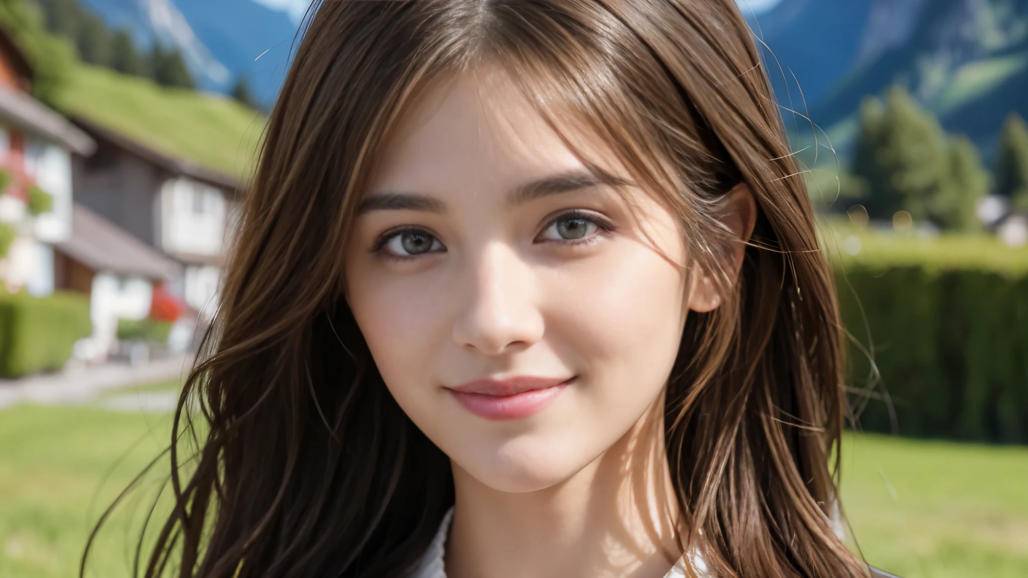 masterpiece, Best Quality, Photorealistic, Ultra-detailed, finely detailed, High resolution, 8K Wallpaper, 1 beautiful woman, light brown hair, foco nítido, Perfect dynamic composition, Beautiful detailed eyes, detailed hairs, Detailed realistic skin texture, Smiling, portrait, Model body type, The background is the village of Grindelwald, Switzerland,