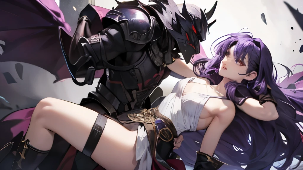 masterpiece black devil attacking Fighting Woman(long fluffy purple hair) dignified face White armor with tube top revealing chest small breasts Different world dark dungeon