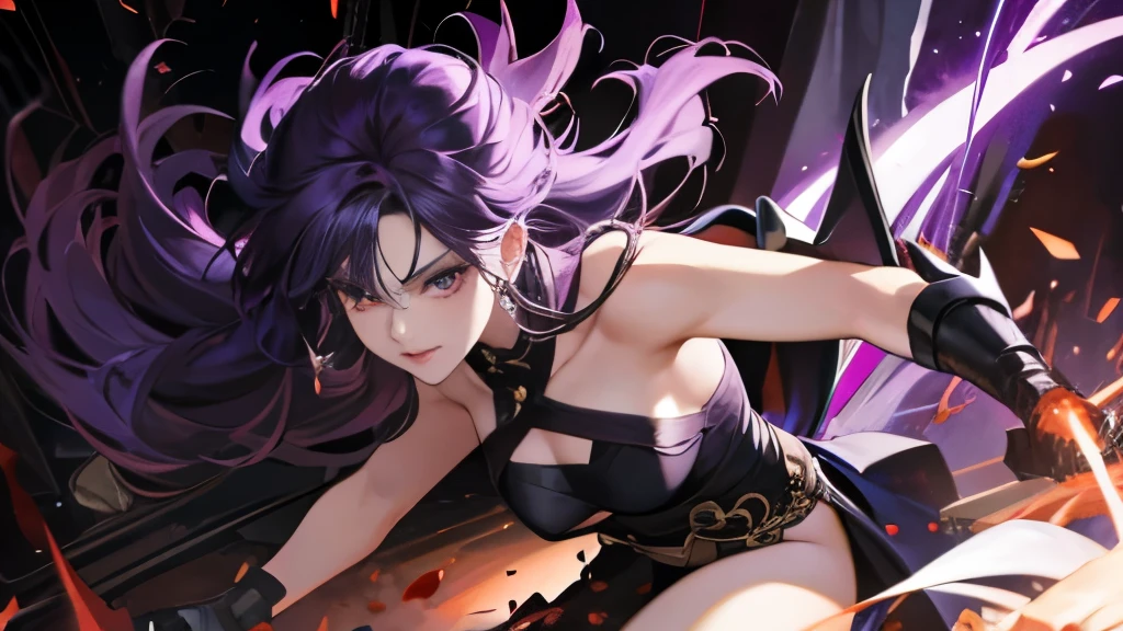 masterpiece　black devil attacking　Fighting Woman（long fluffy purple hair）　dignified face　White armor with tube top revealing chest　small breasts　Different world　dark　dungeon