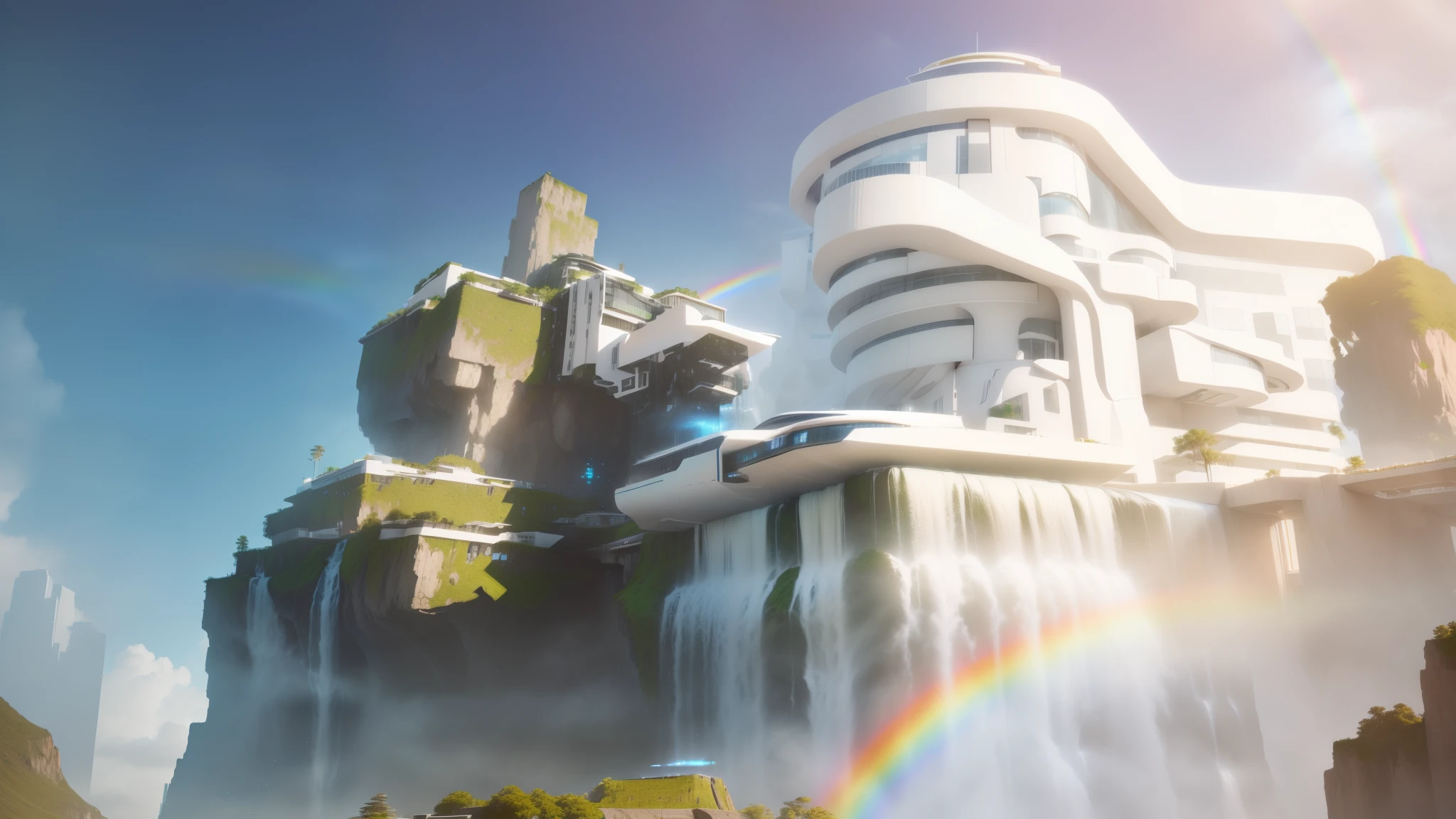There is a waterfall flowing from a building,There is a rainbow in the sky, architectural visualization, Hyper-realistic visual effects rendering, Large futuristic residence, establishing shot, Rendered in Octane Render, Luminance rendering, super Rendered in Octane Render, futuristic house, Beautiful octane rendering, architectural visualization, Hyperrealistic visual effects rendering, stunning rendering, Beautiful landscape rendering, architectural rendering