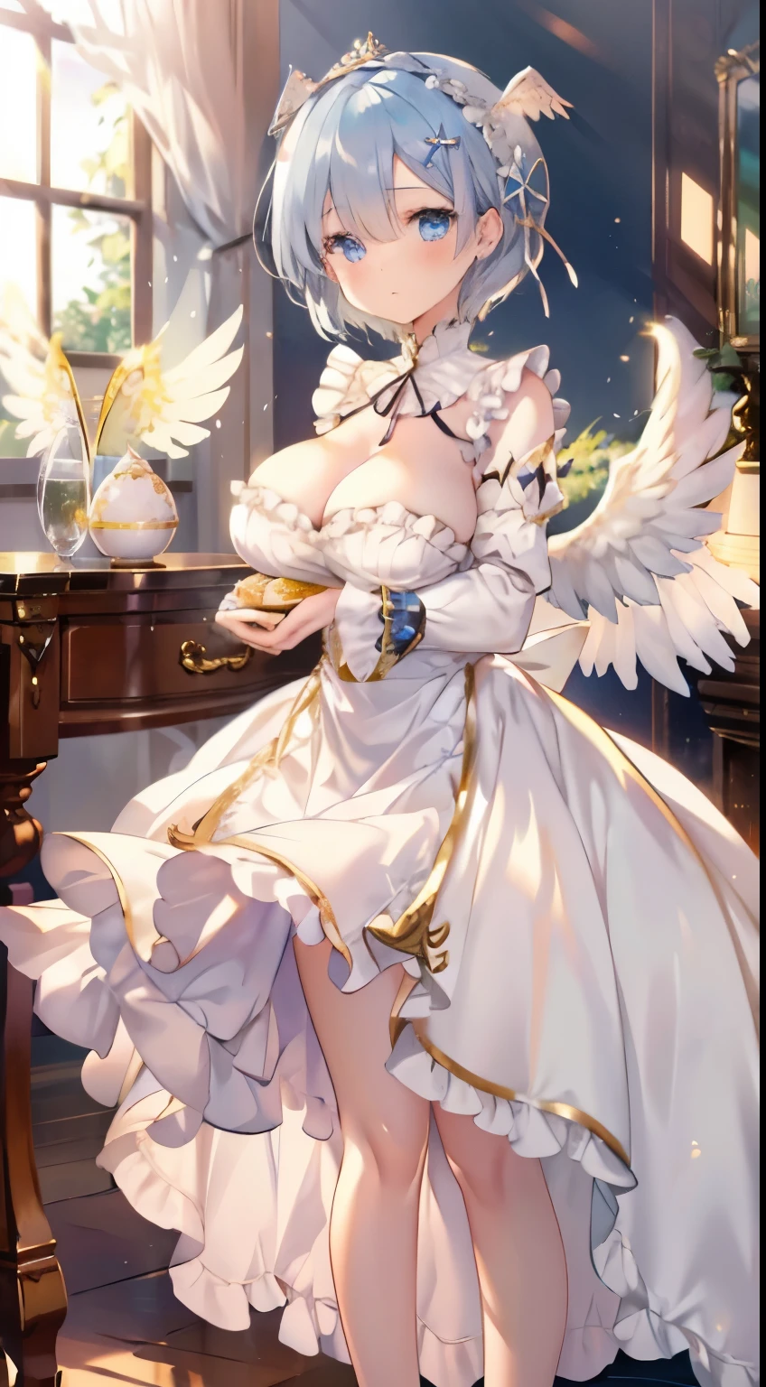 Ultra-realistic photo of a girl in a majestic white and golden ball gown dress, big beautiful dress, Intricate billowy ball gown with lots of ruffles and rhinestones (highest quality, table top, ((angel wings:1.2))。 art station, fantasy art:1.2), palace room, beautiful cute girl, Re:Zero's Rem、(blue short hair:1.3), Hide one eye with bangs、(intricate gold short skirt, barefoot:1.2, full body shot)、very big breasts、white panties