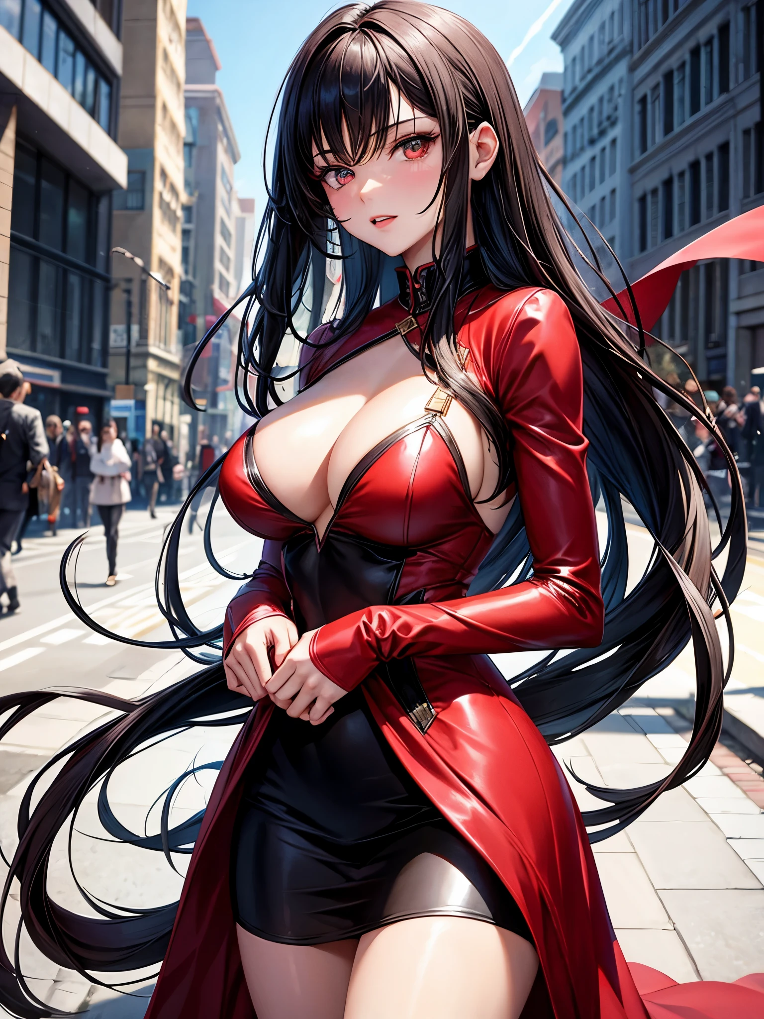 1girl and 1man, couple, beautiful, vampire, handsome man, girl with brunette very long hair, man with brunette short hair, both red eyes, girl wearing a sexy red and black dress, man in sexy suit, ultrasharp, looking at the viewer, ((best quality)), ((masterpiece)), (detailed), perfect face, girl big breast, sexy body, sexy man besides her, hugged,