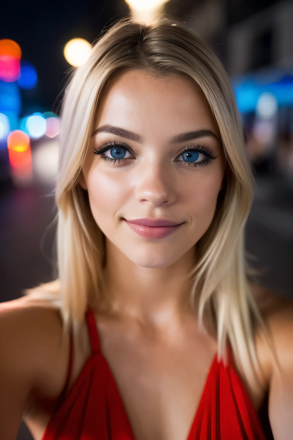 (foto de selfie, from aBove:1.4), (half Body postrait:1.4), RAW uhd portrait photo of a 24-year-old Blonde (Blue-eyed woman) andando por um beco escuro, natural Breasts_B, nighttime city Background, (red summer dress), (decote), detalhado (texturas!, cabelo!, brilhar, Cor!!, imperfections:1.1), highly detalhado glossy eyes, (looking at the camera), specular lighting, dslr, ultra qualidade, sharp focus, obrigado afiado, DOF, film grain, (centrado), Fujifilm XT3, Claro como cristal, centro do quadro, rosto fofo, sharp focus, street lamp, luzes de neon, Bokeh, (mal iluminado), sutil, At night, (Night sky) detalhado skin pores, pele oleosa, bronzeado, detalhe de olho intrincado