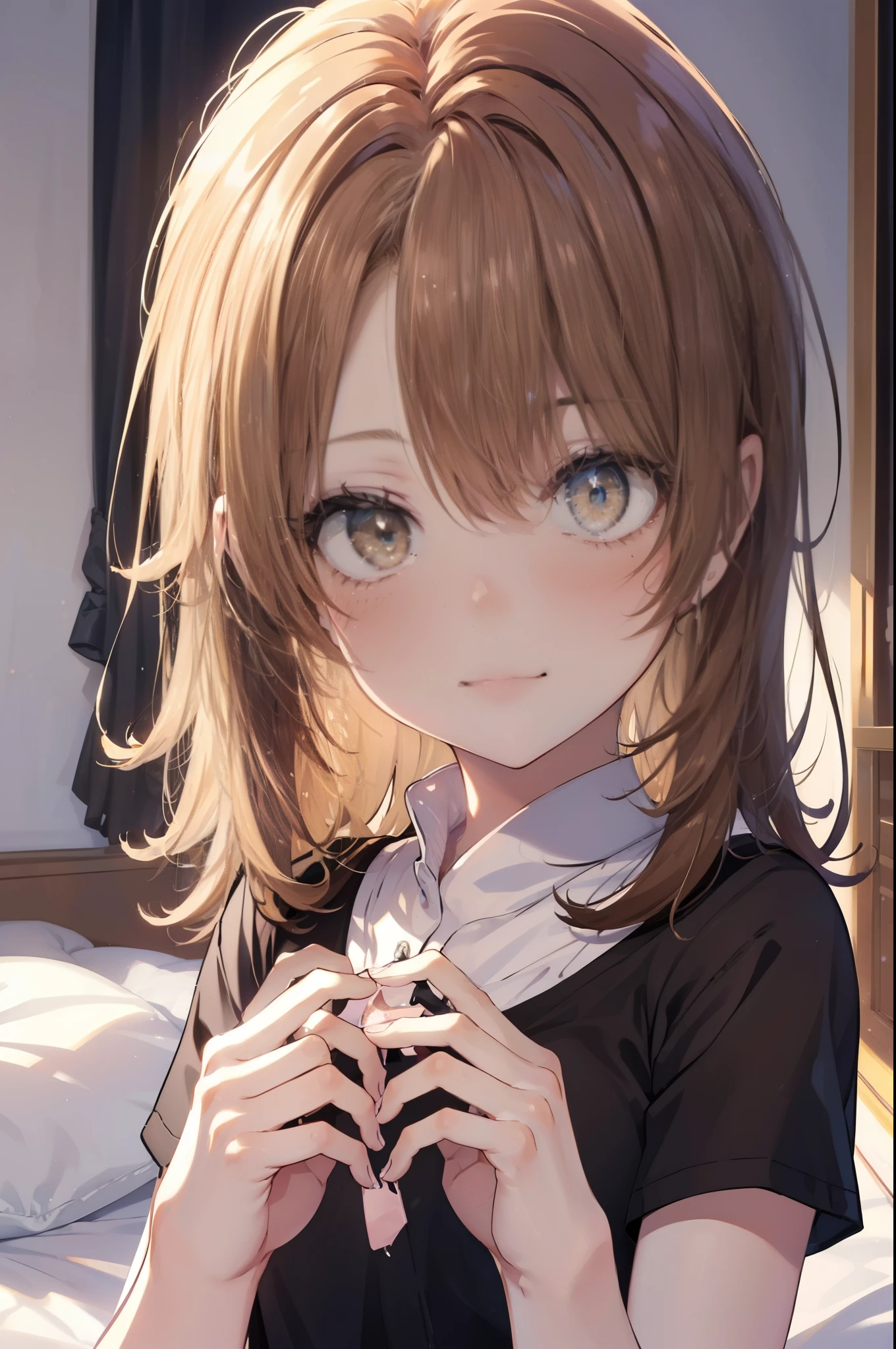 irohaisshiki, Isshiki Iroha, long hair, brown hair, (brown eyes:1.5), blush,smile,open your mouth wide, ,Sitting on the bed,whole body,Upper body,T-shirt,black underwear,barefoot,
break indoors, Bedroom,
break (masterpiece:1.2), highest quality, High resolution, unity 8k wallpaper, (shape:0.8), (beautiful and detailed eyes:1.6), highly detailed face, perfect lighting, Very detailed CG, (perfect hands, perfect anatomy),