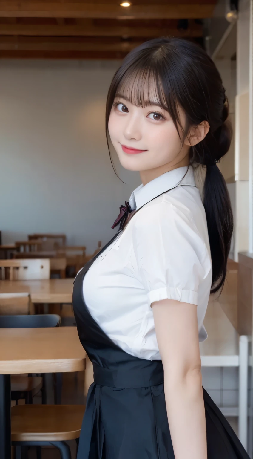 (highest quality,masterpiece:1.3,ultra high resolution,),(Super detailed,caustics),(Photoreal:1.4,RAW shooting,)ultra-realistic capture,very detailed,High resolution 16K human skin close-up。 natural skin texture、,The pores are、、、Must be detailed enough to be easily identified。 Skin should look even-toned and healthy。 Use natural light and color,restaurant,waitress uniform,1 girl,Japanese,18-year-old,cute,black haired,ponytail,big breasts,smile,turn your body forward,(Front view:1.1),look at the camera,cowboy shot,