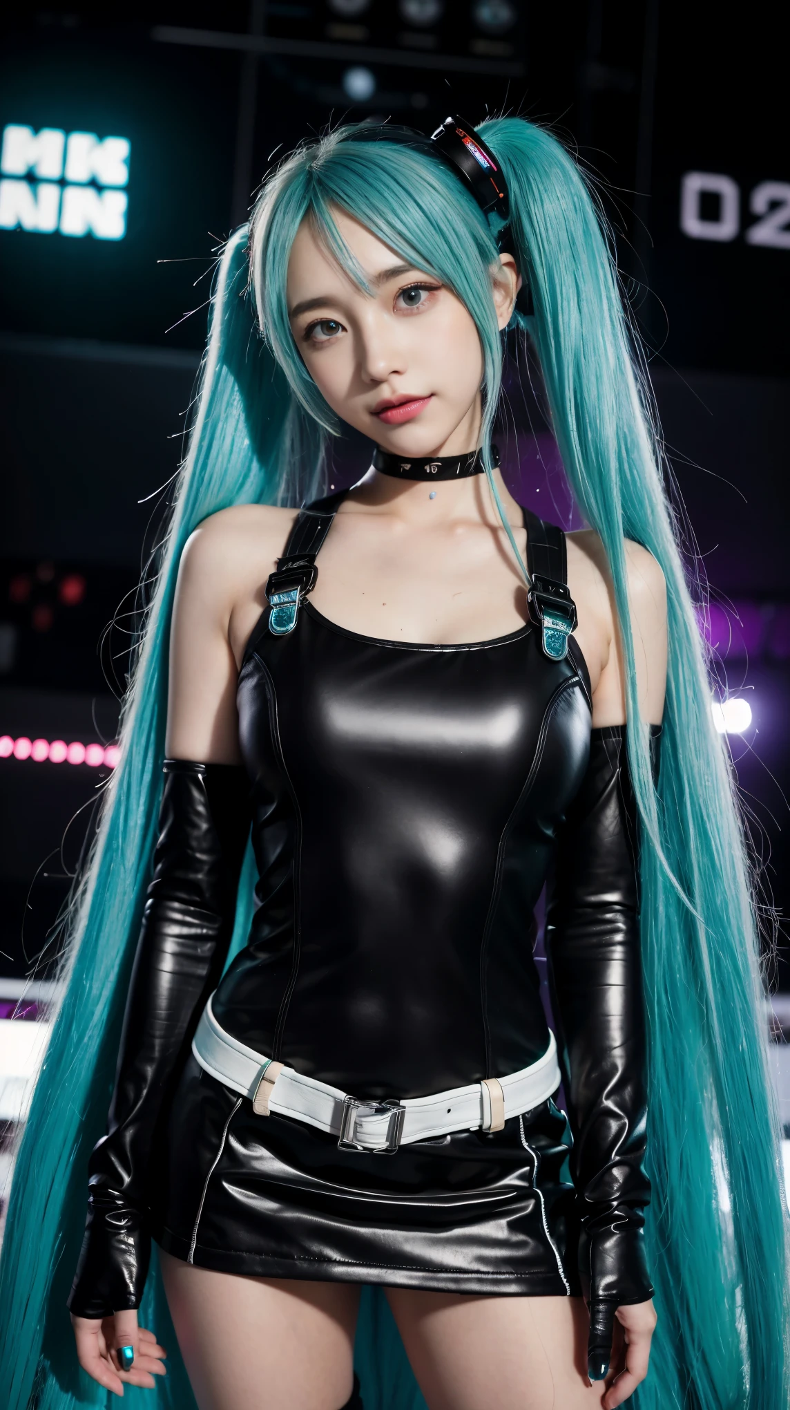 best quality， High resolution， Big breasts hatsune miku， expressive， mascara， Black T-shirt and， black skirt， lace pantyhose， High shoes， concert， Black Television Stations， guitar， studio， amplifier， messy room， electrical cables， night， choker necklace， Nipple piercing， dark eyeliner， dark eye makeup， pale complexion， accessories using nails， Wristband， Complex fundamentals， Sparkling， graffiti， drink， poster of， With background， Pindets， underground， Crowded， noisy， sweaty， full of prunes， Mosin， narrow， in the room， masterpiece, highest quality,  alone, smile, heart pounding, full body esbian, view viewer, blue long hair, double tail, Stand on the stereo, stage, stage lighting, stage focus, detailed background, audience, (front focus), keyword: 1 girl taking a picture, (((hatsune miku))),  surrealist portrait, fantasy art, realistic pictures, dynamic lighting,  volumetric lighting, highly detailed face, 8k, Award-winning, 1 girl, 25 year old girl,bass, long two tail hair and pony, light tosca hair and eye color (((Rich in color))), knack shoes , full body esbian, 大きなsmile (open your mouth), wet skin, highly detailed faceと肌の質感, fine eyes, realistic eyes, detailed and beautiful eyes, (realistic skin), (((Futuristic hatsune miku dress 1:1))), dynamic pose，full body photo，full body esbian