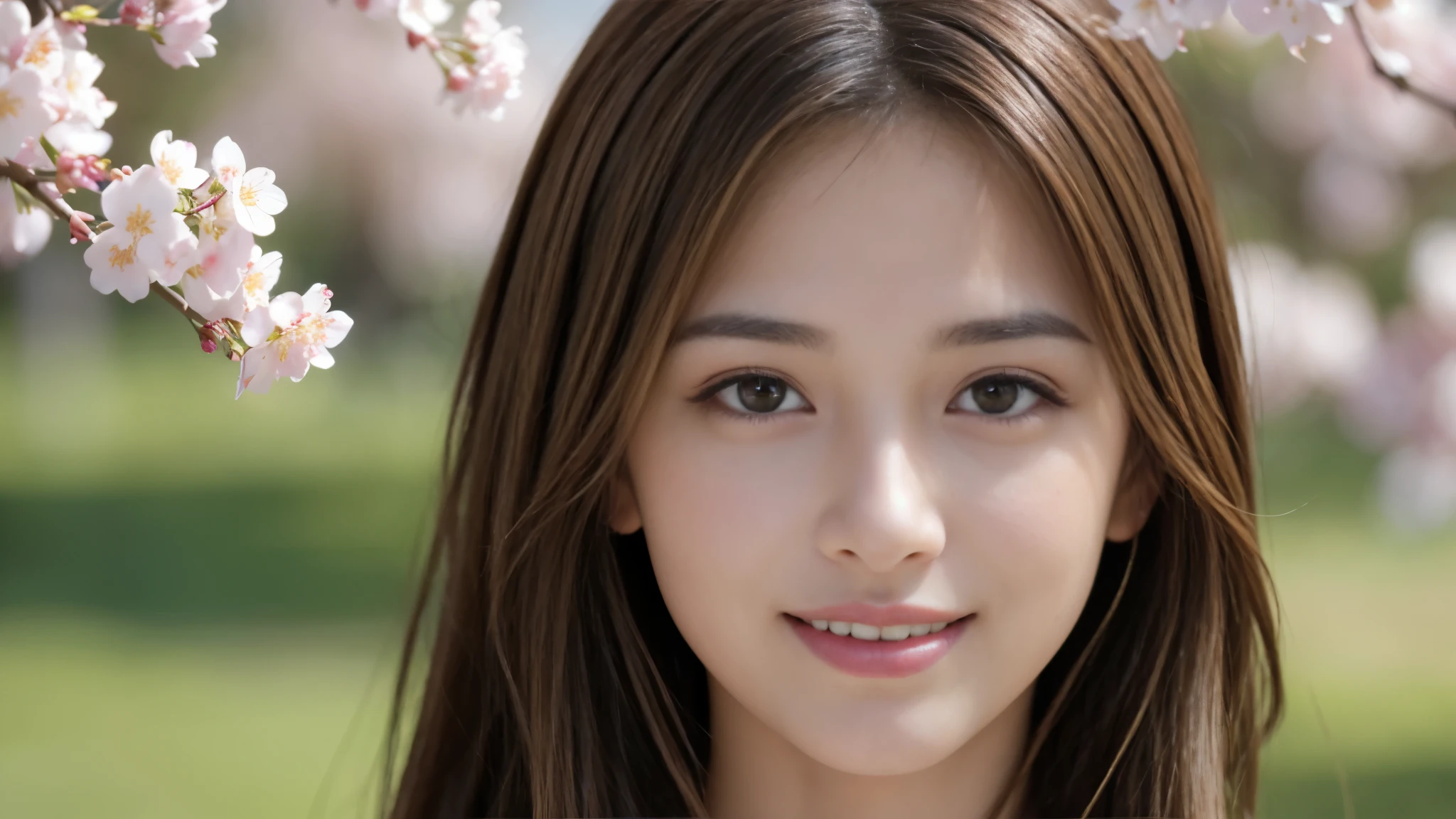 masterpiece, Best Quality, Photorealistic, Ultra-detailed, finely detailed, High resolution, 8K Wallpaper, 1 beautiful woman, light brown hair, foco nítido, Perfect dynamic composition, Beautiful detailed eyes, detailed hairs, Detailed realistic skin texture, Smiling, portrait, Model body type, Take a walk in the park with cherry blossoms and Fuji mountain background,