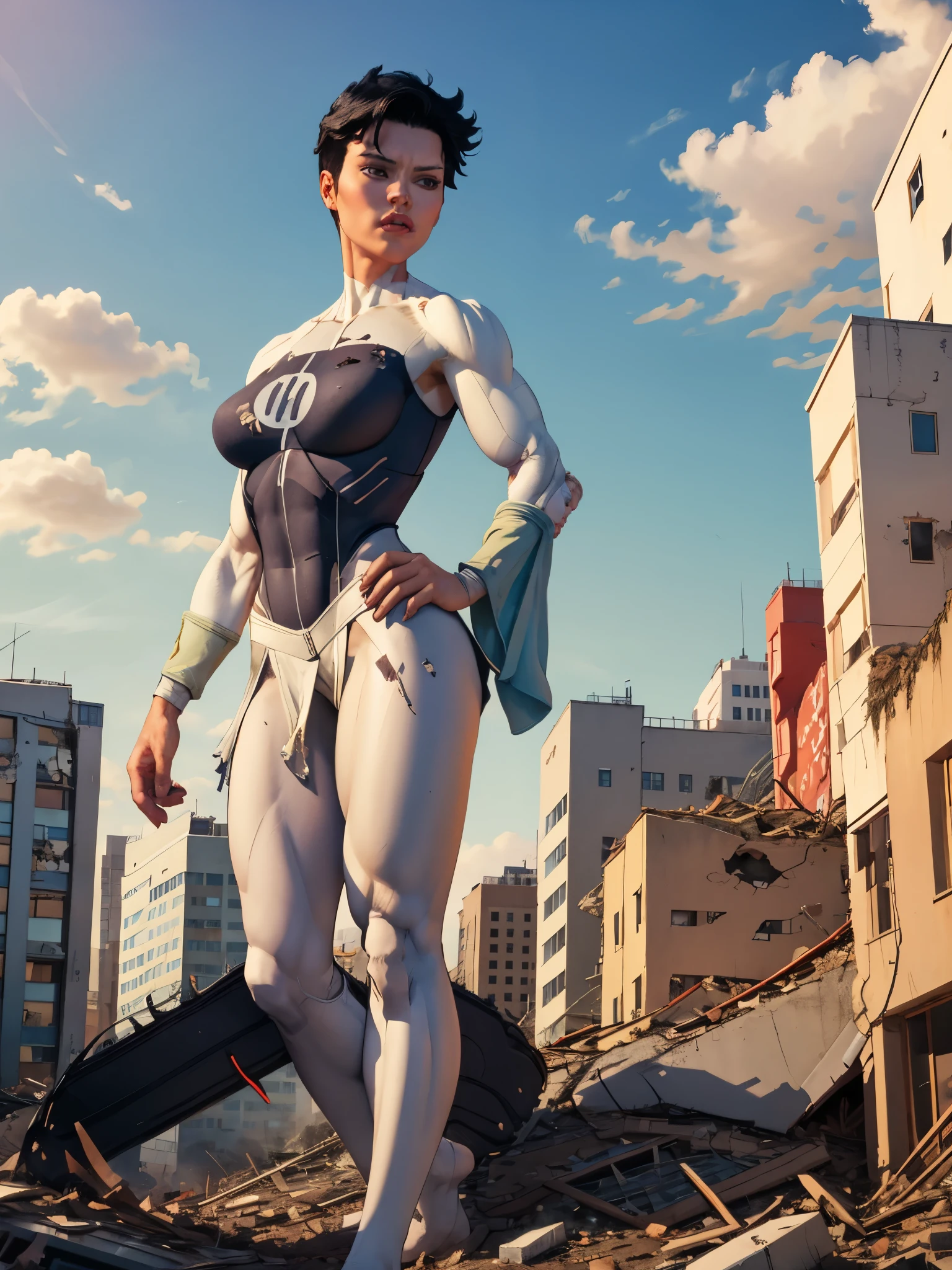 masterpiece, best quality, 1girl, anissa, solo, black hair, short hair, breasts, muscular, bodysuit, hands on hips, crouched on the floor, view from below, destroyed city, ruined city background