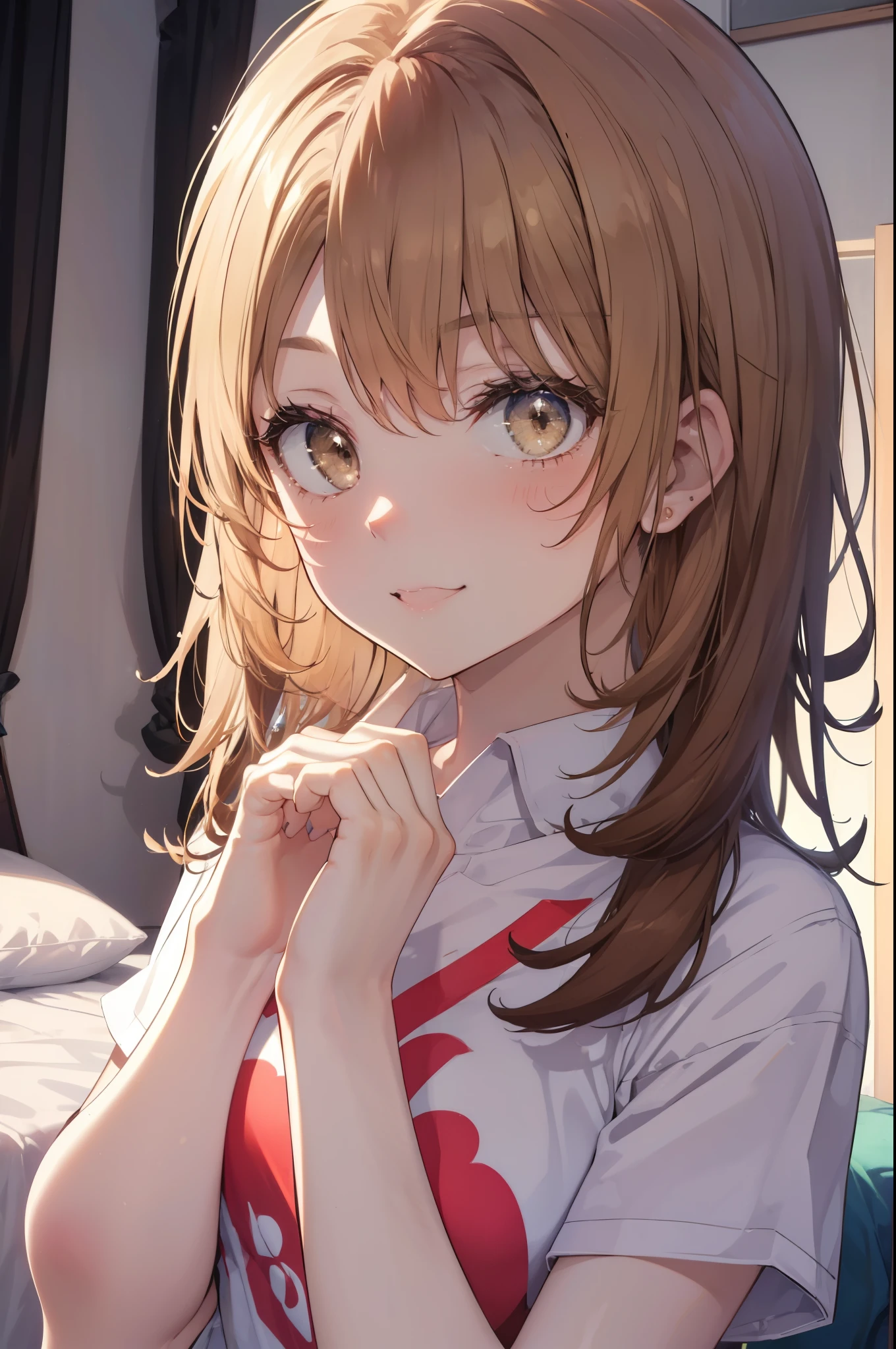 irohaisshiki, Isshiki Iroha, long hair, light brown hair, (brown eyes:1.5), blush,smile,open your mouth wide, ,Sitting on the bed,whole body,Upper body,T-shirt,black underwear,barefoot,
break indoors, Bedroom,
break (masterpiece:1.2), highest quality, High resolution, unity 8k wallpaper, (shape:0.8), (beautiful and detailed eyes:1.6), highly detailed face, perfect lighting, Very detailed CG, (perfect hands, perfect anatomy),