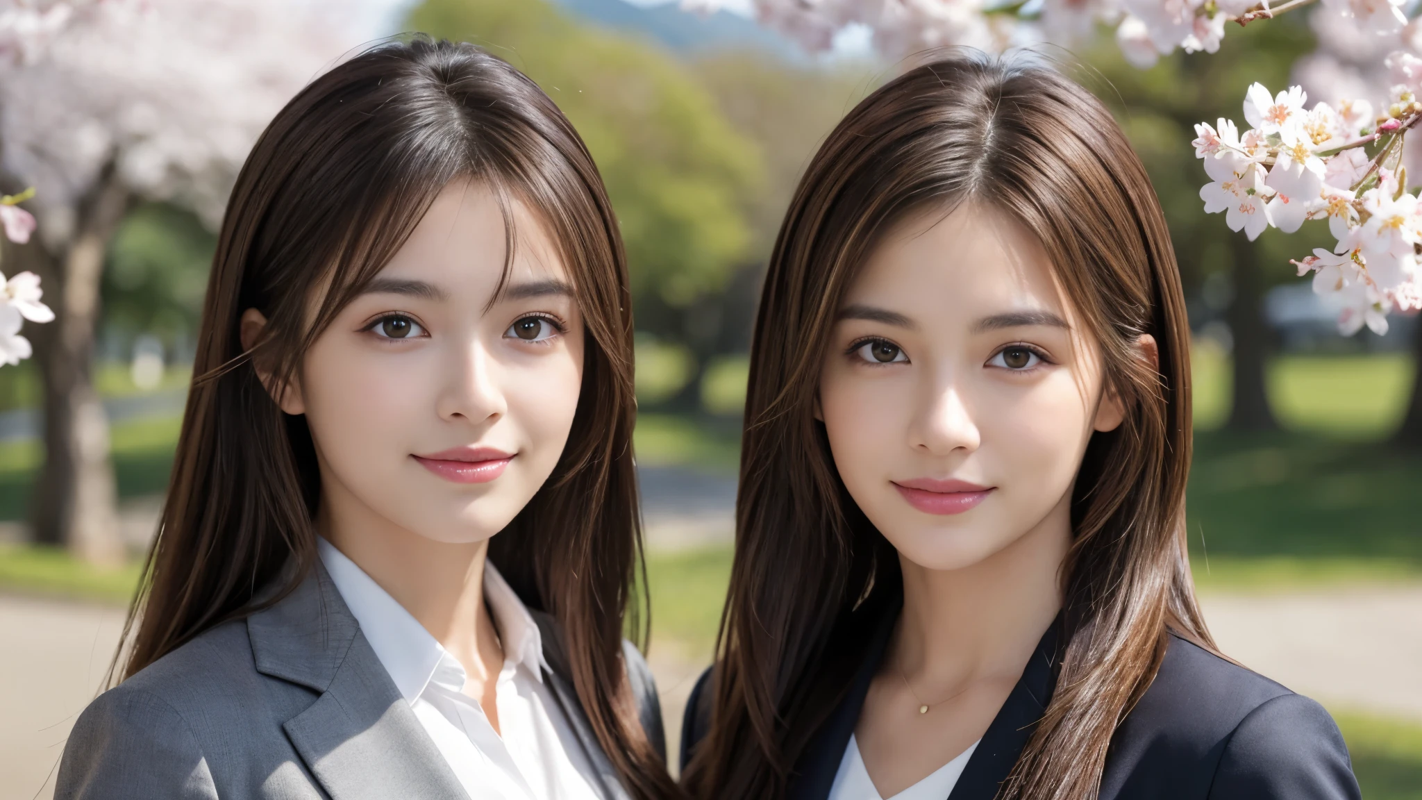 masterpiece, Best Quality, Photorealistic, Ultra-detailed, finely detailed, High resolution, 8K Wallpaper, 1 beautiful woman, light brown hair, foco nítido, Perfect dynamic composition, Beautiful detailed eyes, detailed hairs, Detailed realistic skin texture, Smiling, portrait, Model body type, Take a walk in the park with cherry blossoms and Fuji mountain background,