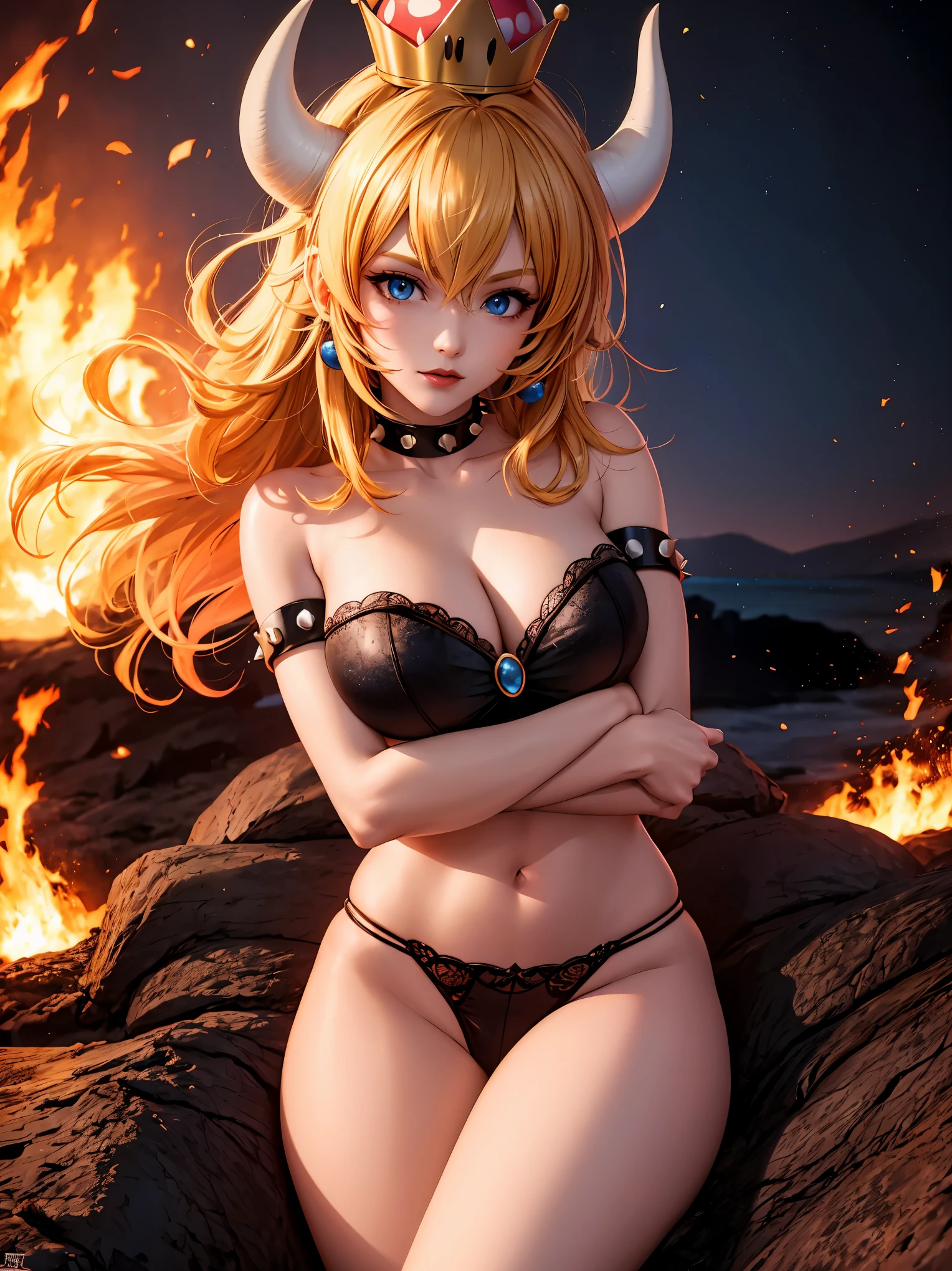 ((high detailed, best quality, 4k, masterpiece, hd:1.3)), ((best quality)), (((HD))), (((8k))), (ultraDH), (ultra HD), Princess Daisy, blue eyes, BREAK blue eyes, seductive, attractive, smooth anime cg art, 36C breasts, long legs, vivid colors, detailed digital art, slim body, perfect skin, dark blonde hair, long hair, blonde hair, blonde hair, BREAK crown, cleavage, 36C cleavage, looking at viewer, BREAK looking at viewer, extremely detailed face, red santa suit, red santa claus suit, santa claus suit, earrings, gem, dark black makeup lips, dark gothic eyeshadows, dark eyeshadows, black eyeshadows, black sexy lips, black lips, (dark:1.2), dark lips, very dark lips, (perfect hands, perfect anatomy), black makeup, black medium lips, black thick lips, detailed fingers, five fingers per hand, 5 fingers, (1 girl), detailed lips, detailed black lips, black painted lips, gothic painted lips, BREAK night, night sky, (breast focus), (arms outstreched:1.2), (from above:1.1), (breasts out:1.3), (off shoulder:1.1), (white horns), (bra), inside a lava castle, she inside a sea of lava, she bathing in lava,