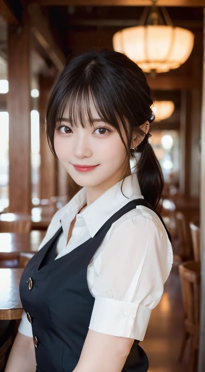(highest quality,masterpiece:1.3,ultra high resolution,),(Super detailed,caustics),(Photoreal:1.4,RAW shooting,)ultra-realistic capture,very detailed,High resolution 16K human skin close-up。 natural skin texture、,The pores are、、、Must be detailed enough to be easily identified。 Skin should look even-toned and healthy。 Use natural light and color,restaurant,waitress uniform,1 girl,Japanese,18-year-old,cute,black haired,ponytail,big breasts,smile,turn your body forward,(Front view:1.1),look at the camera,cowboy shot,