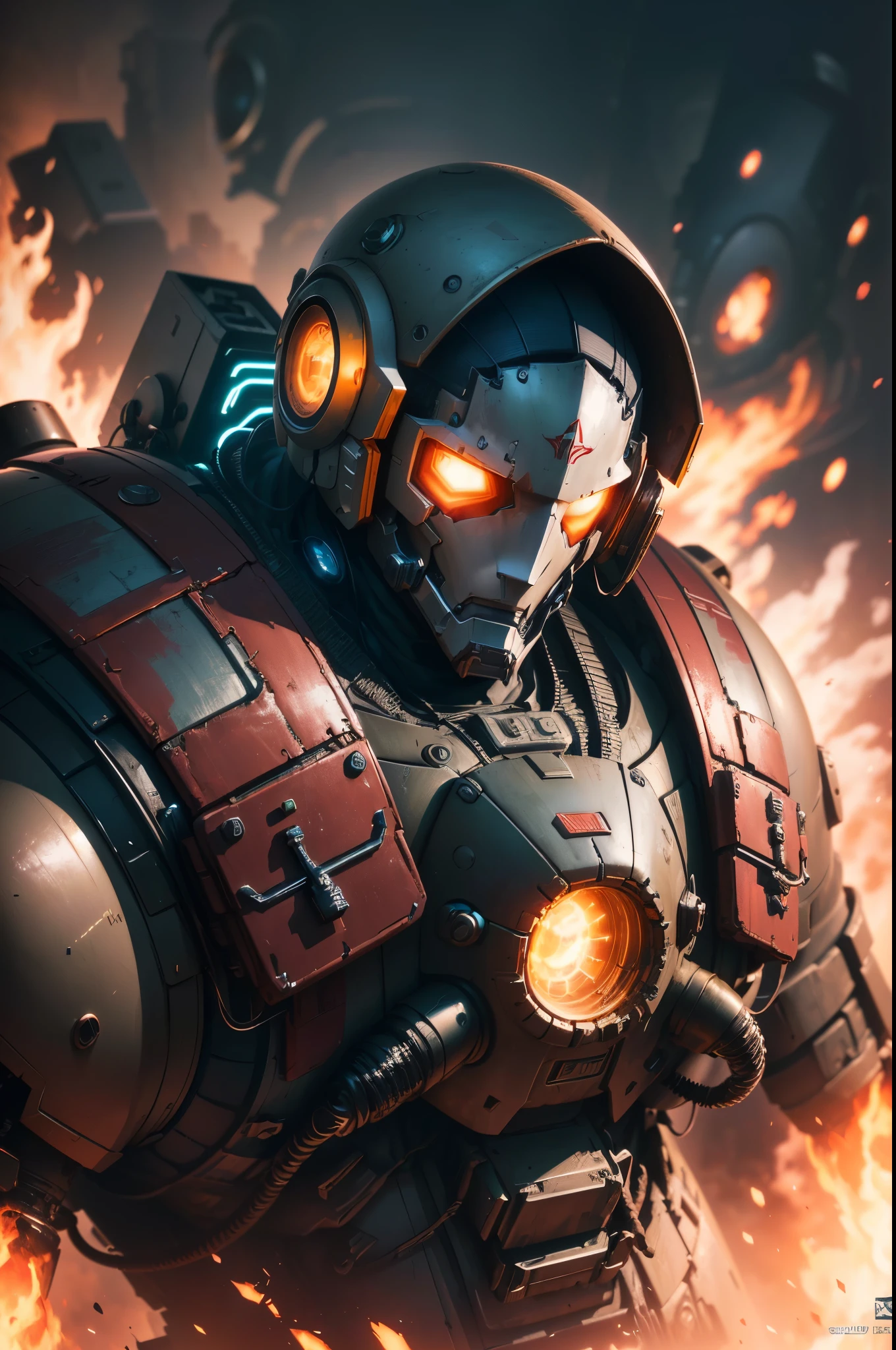 there is a robot with glowing eyes and a helmet on, wojtek fus, daniel maidman octane rendering, octane trending on cgsociety, trending on artstation 4k, octane. trending on artstation, 3 d octane render conceptart, 8k octane 3d render, cyberpunk iron man, 4k highly detailed digital art, 8 k high detail concept art