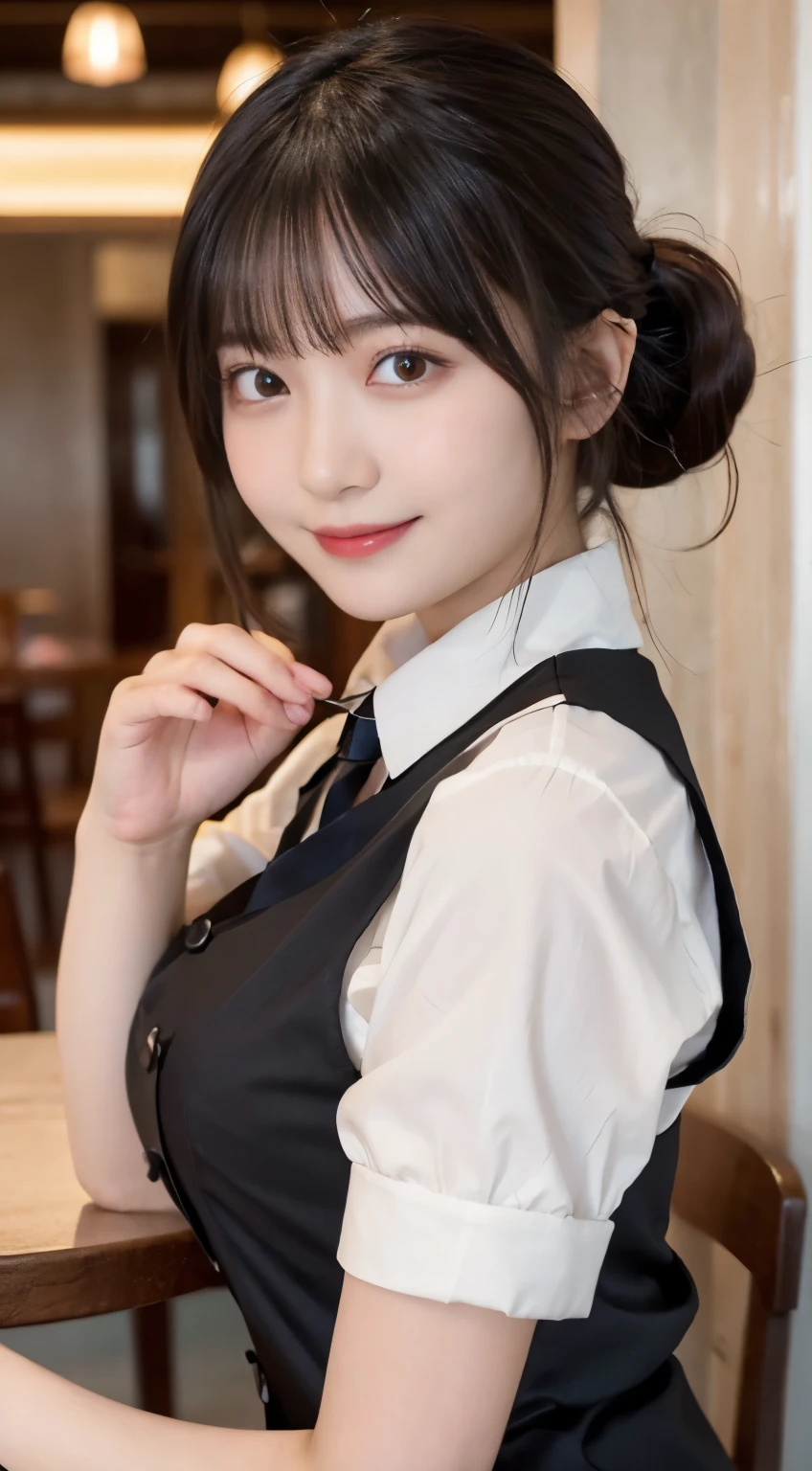 (highest quality,masterpiece:1.3,ultra high resolution,),(Super detailed,caustics),(Photoreal:1.4,RAW shooting,)ultra-realistic capture,very detailed,High resolution 16K human skin close-up。 natural skin texture、,The pores are、、、Must be detailed enough to be easily identified。 Skin should look even-toned and healthy。 Use natural light and color,restaurant,waitress uniform,1 girl,Japanese,18-year-old,cute,black haired,ponytail,big breasts,smile,turn your body forward,(Front view:1.1),look at the camera,cowboy shot,