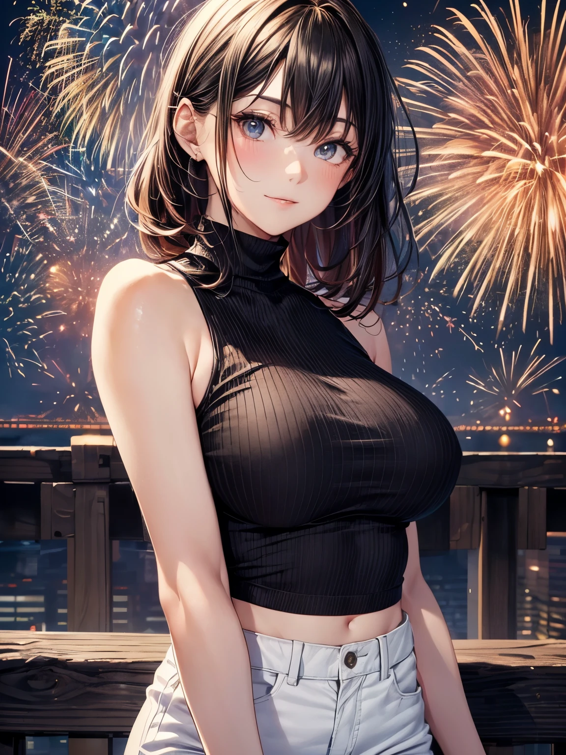 highest quality、complete limbs、Refers to the whole、1 beautiful woman、beautiful big breasted woman:1.3、brown haired woman、big smile、middle parted hairstyle:1.3、straight hair woman、(((black high neck sleeveless top:1.3)))、white shorts、((firework会場))、firework