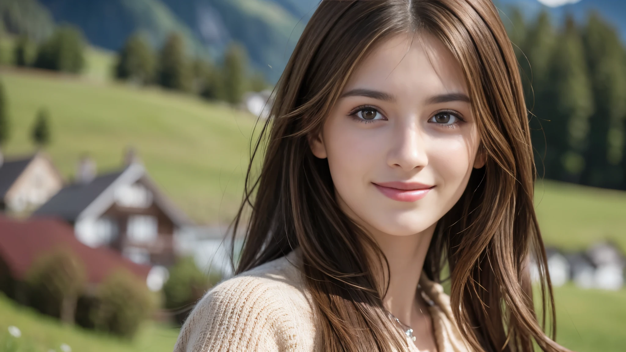 masterpiece, Best Quality, Photorealistic, Ultra-detailed, finely detailed, High resolution, 8K Wallpaper, 1 beautiful woman, light brown hair, foco nítido, Perfect dynamic composition, Beautiful detailed eyes, detailed hairs, Detailed realistic skin texture, Smiling, portrait, Model body type, The background is the village of Grindelwald, Switzerland,