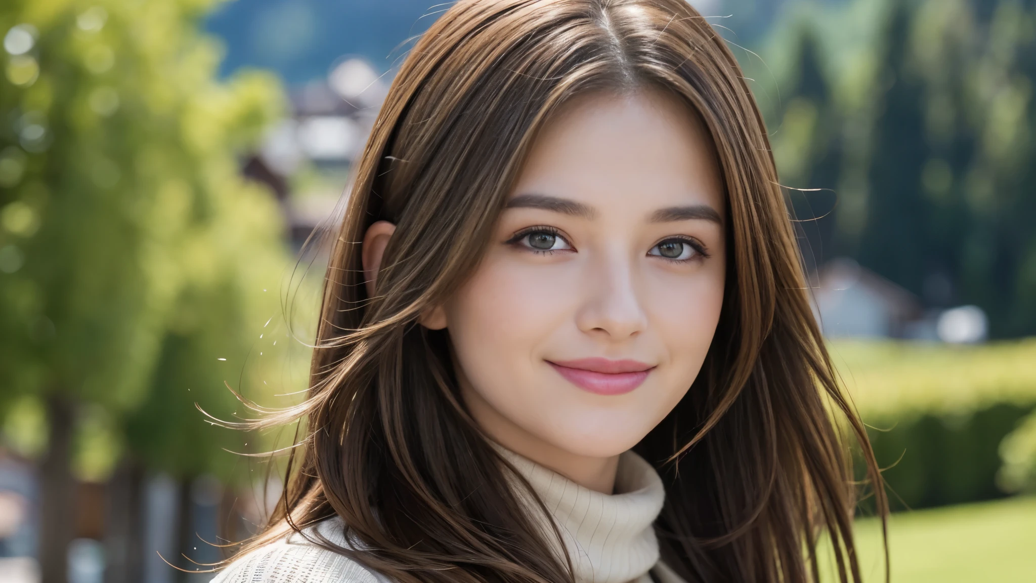 masterpiece, Best Quality, Photorealistic, Ultra-detailed, finely detailed, High resolution, 8K Wallpaper, 1 beautiful woman, light brown hair, foco nítido, Perfect dynamic composition, Beautiful detailed eyes, detailed hairs, Detailed realistic skin texture, Smiling, portrait, Model body type, The background is the village of Grindelwald, Switzerland,