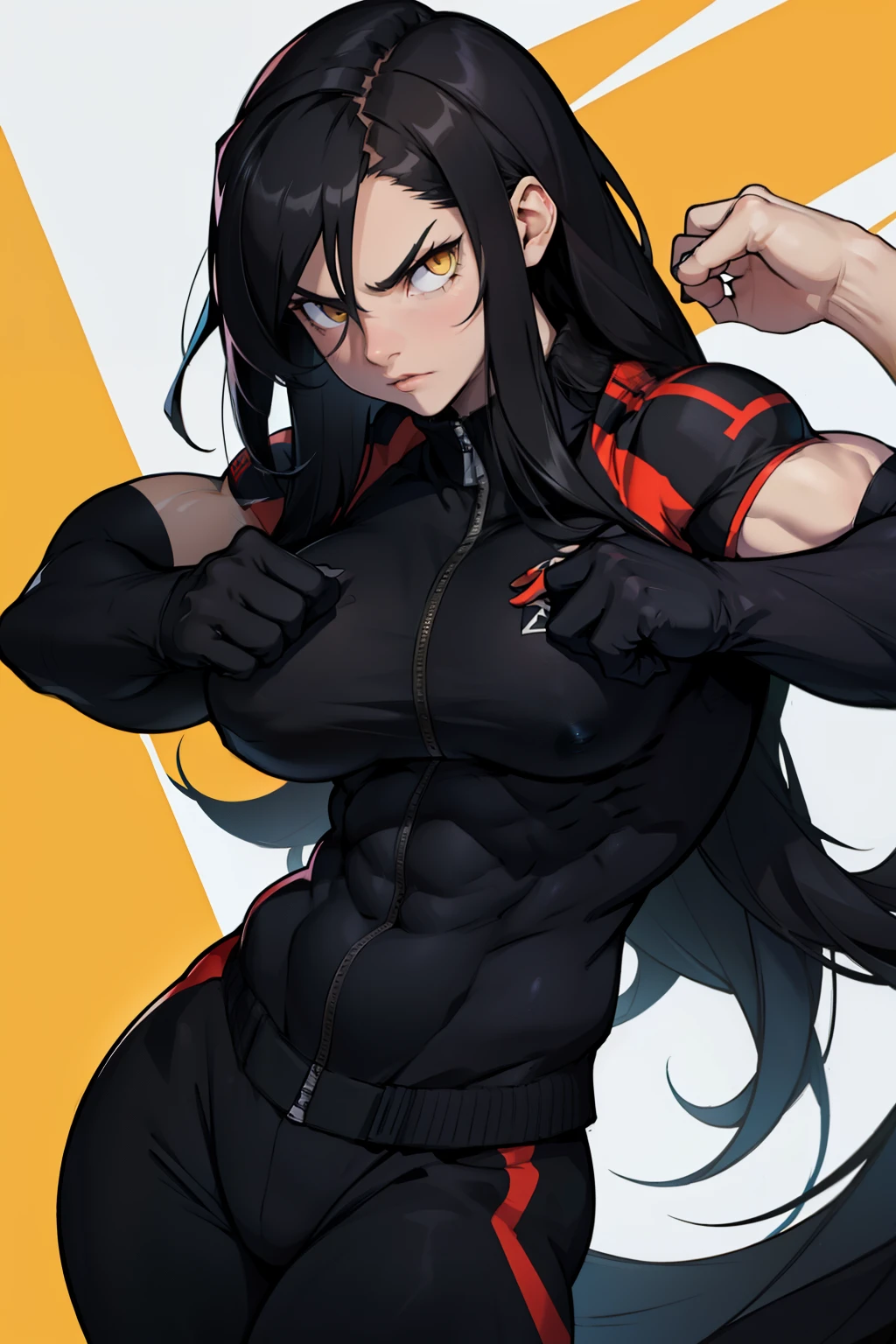 angry ((((1girl)))) (((bodybuilder))) pale skin black hair very long hair yellow eyes
