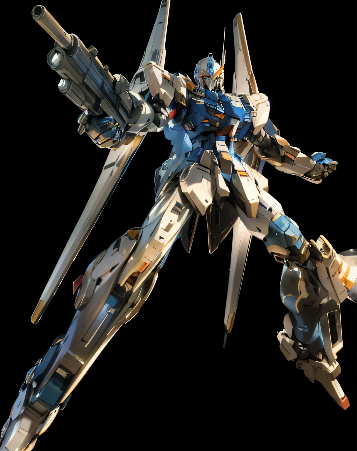 gundam me,city,realistic,very high quality blue tone,Highly aware of machines,Very good details and clear images,hand held weapon,The realism of mechanical wings of light,cool and realistic。