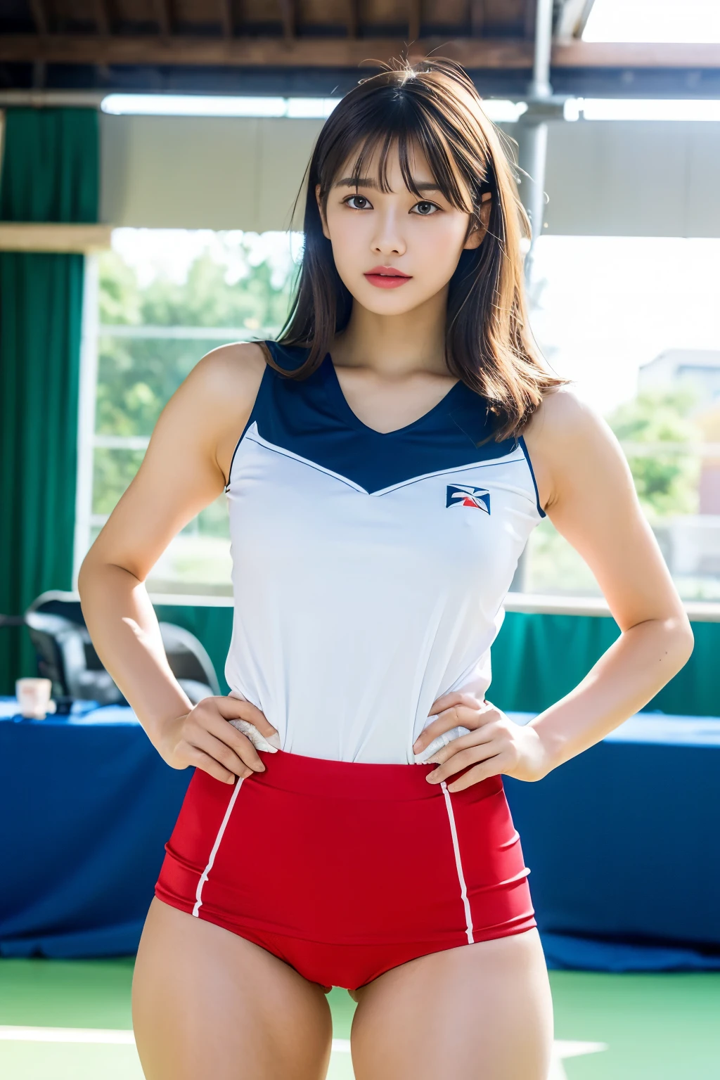 (photo real: 1.4), (surreal: 1.4), (actual: 1.3), (soft light: 1.05), (improved lighting: 0.9), 32k, 1 girl, 20 year old girl, actual lighting, backlight, Menko, Ray tracing, (whitening light: 1.2), (image enhancement: 1.4), ( High quality real skin: 1.4), Narrow your eyes, delicate face, Narrow your eyes, (Increased body lines and emotions: 1.1), 超big deal乳房, big deal, (Improve skin quality and beauty: 1.1),volleyball uniform:1.4, indoor_volleyball_court_background:1.4, thighs thighs thighs thighs, protrude , crotch