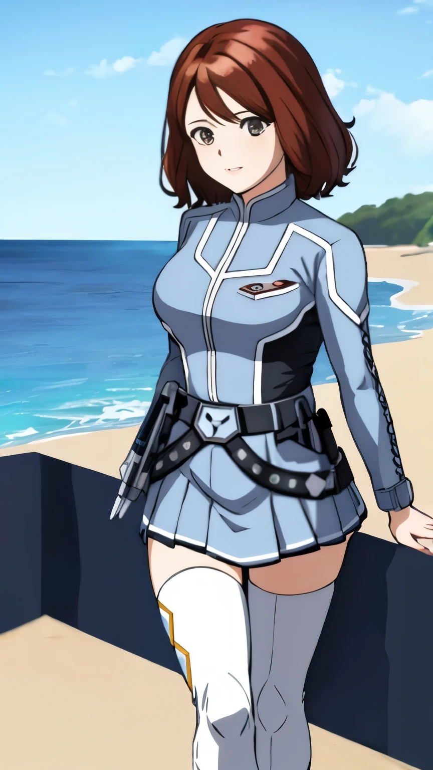 Ultra Seven member Anne、mini skirt、Ultra Guard Uniform、mini skirtバージョンの制服、Anime girl in a white suit standing on the beach near the sea, shiny white armor, blowjob white mecha, marin kitagawa fanart, Spy x Family Anya, official art, official character art, !!full body portrait!!, future anime girl, portrait anime space cadet girl, perfect anime cyborg woman, Highly detailed exquisite fan art, different suit, shinkai makoto