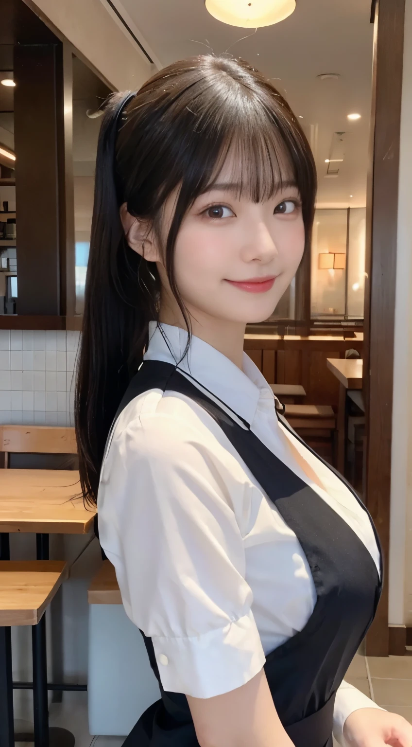 (highest quality,masterpiece:1.3,ultra high resolution,),(Super detailed,caustics),(Photoreal:1.4,RAW shooting,)ultra-realistic capture,very detailed,High resolution 16K human skin close-up。 natural skin texture、,The pores are、、、Must be detailed enough to be easily identified。 Skin should look even-toned and healthy。 Use natural light and color,restaurant,waitress uniform,1 girl,Japanese,18-year-old,cute,black haired,ponytail,big breasts,smile,turn your body forward,(Front view:1.1),look at the camera,cowboy shot,