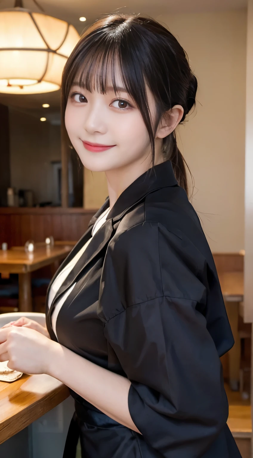 (highest quality,masterpiece:1.3,ultra high resolution,),(Super detailed,caustics),(Photoreal:1.4,RAW shooting,)ultra-realistic capture,very detailed,High resolution 16K human skin close-up。 natural skin texture、,The pores are、、、Must be detailed enough to be easily identified。 Skin should look even-toned and healthy。 Use natural light and color,restaurant,waitress uniform,1 girl,Japanese,18-year-old,cute,black haired,ponytail,big breasts,smile,turn your body forward,(Front view:1.1),look at the camera,cowboy shot,