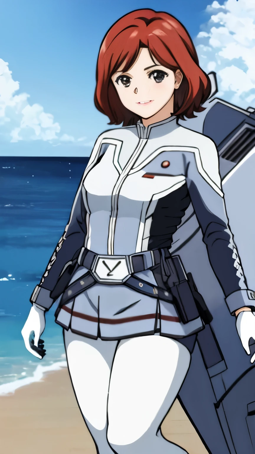 Ultra Seven member Anne、mini skirt、Ultra Guard Uniform、mini skirtバージョンの制服、Anime girl in a white suit standing on the beach near the sea, shiny white armor, blowjob white mecha, marin kitagawa fanart, Spy x Family Anya, official art, official character art, !!full body portrait!!, future anime girl, portrait anime space cadet girl, perfect anime cyborg woman, Highly detailed exquisite fan art, different suit, shinkai makoto