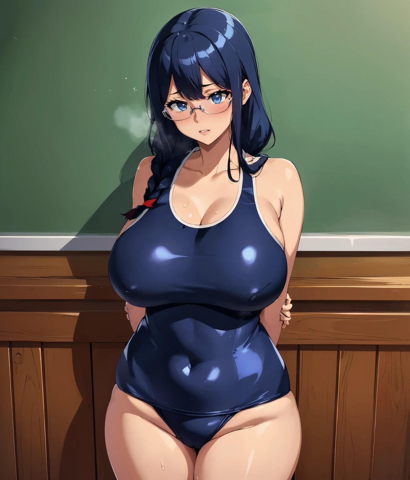 ((navy blue school swimsuit))、(Glasses)、Super precise illustration、Super precise expression、masterpiece、highest quality、ultra High resolution、High resolution、(big breasts:1.3)、Sweat、body fluid、shiny skin、place your arms next to your hips、big thighs、(black blue hair、long hair、Braid)、(Symptoms of dislike:1.25)、Standing picture、Mommyfy