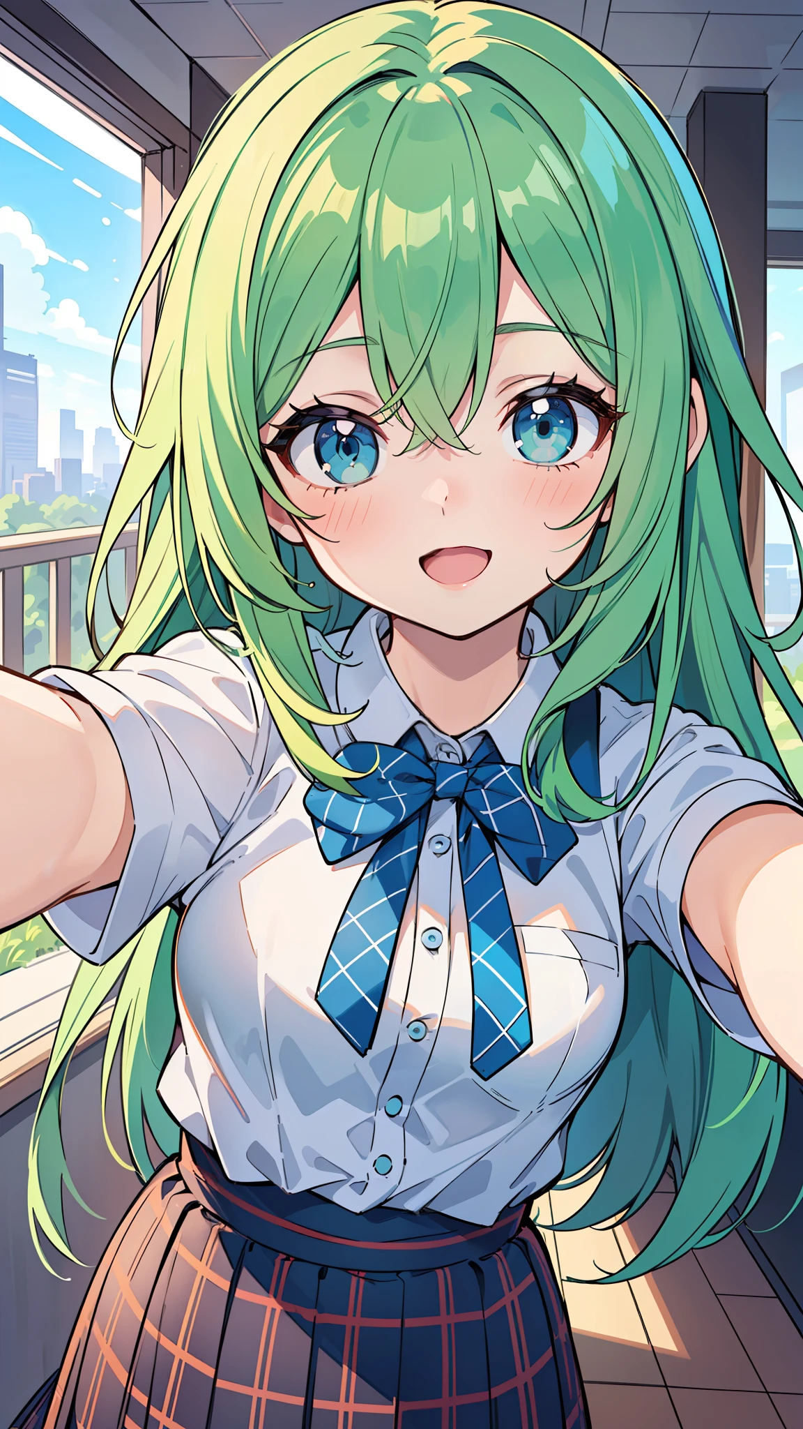 ((A Pretty High School girl with green hair and blue eyes)), ((a selfie photo)), ((Wearing white shirt and plaid skirt)), Baby face, ((master piece, top-quality, ultra-definition, high resolution)), anime girl, ((ultra-detailed illust:1.2)), only one person, bangs, hair between eye, beautiful hair, Shiny eyes, Medium breasts, Big smile, opened mouth, cityscape