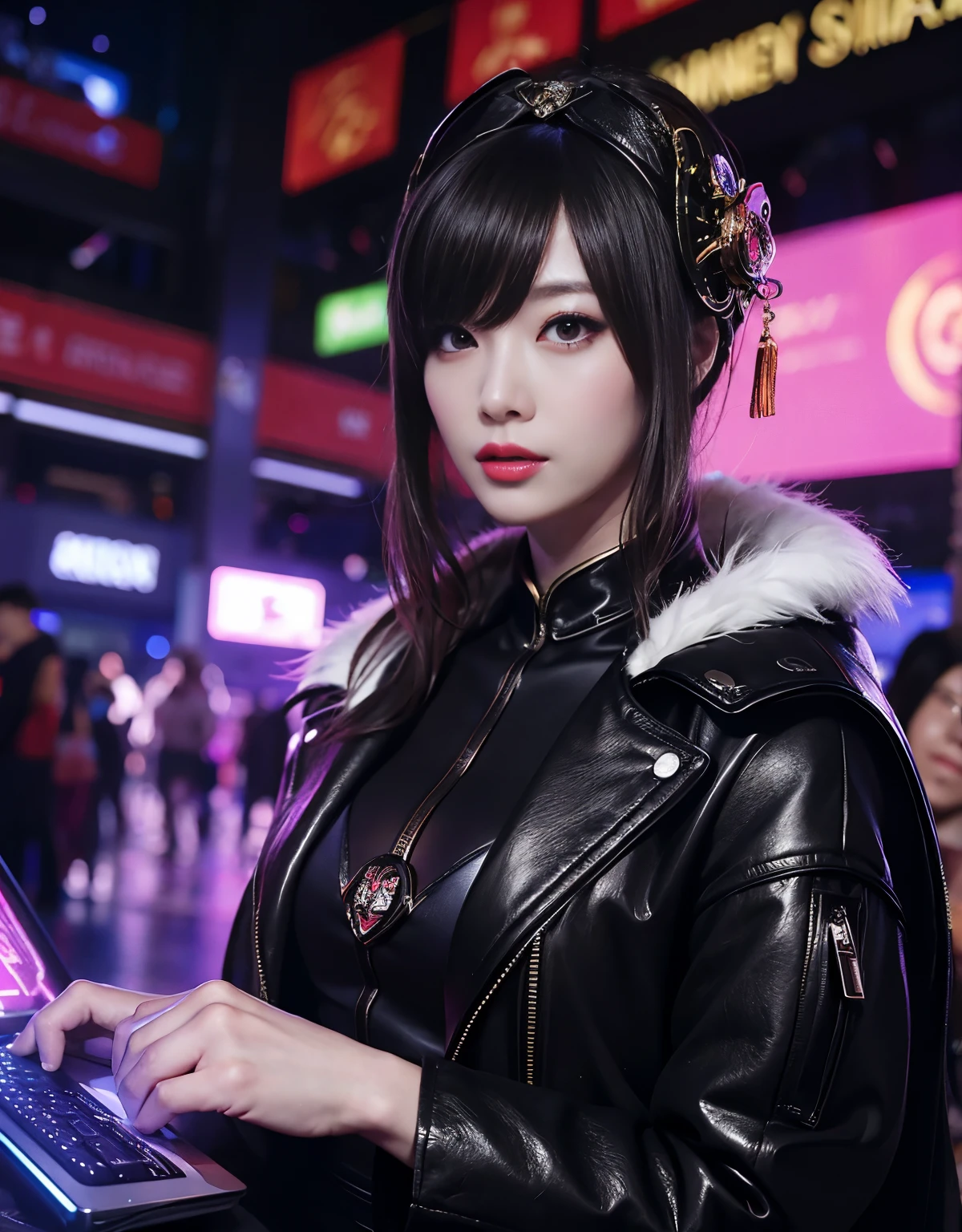 Chinese cyberpunk in glamorous with mask at a masquerade trendy, sophisticated, and sneaky with high-tech clothing and street smart in a high-tech club. vibrant digital illustration