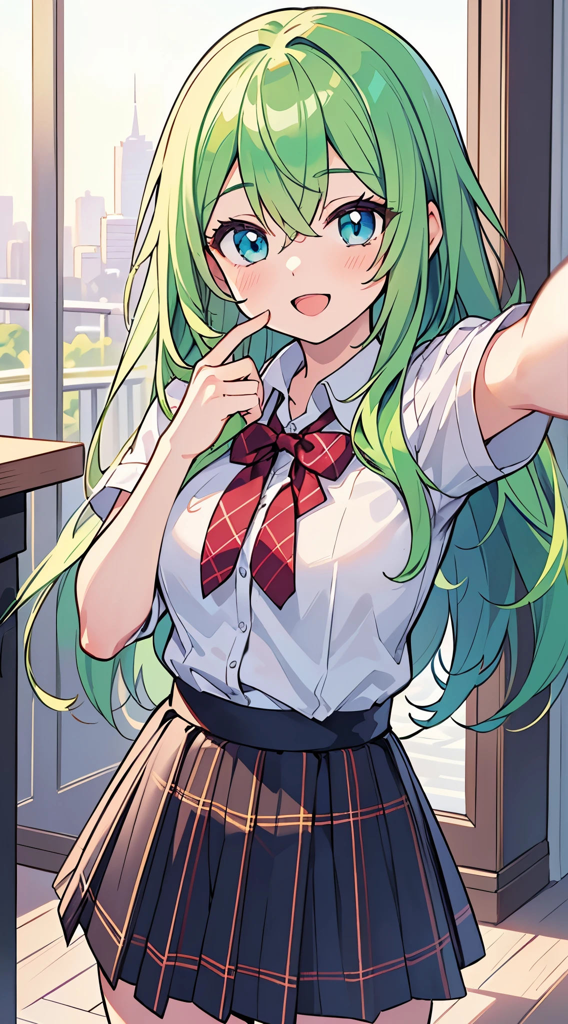 ((A Pretty High School girl with green hair and blue eyes)), ((a selfie photo)), ((Wearing white shirt and plaid skirt)), , ((master piece, top-quality, ultra-definition, high resolution)), anime girl, ((ultra-detailed illust:1.2)), only one person, bangs, hair between eye, beautiful hair, Shiny eyes, Medium breasts, Big smile, opened mouth, cityscape