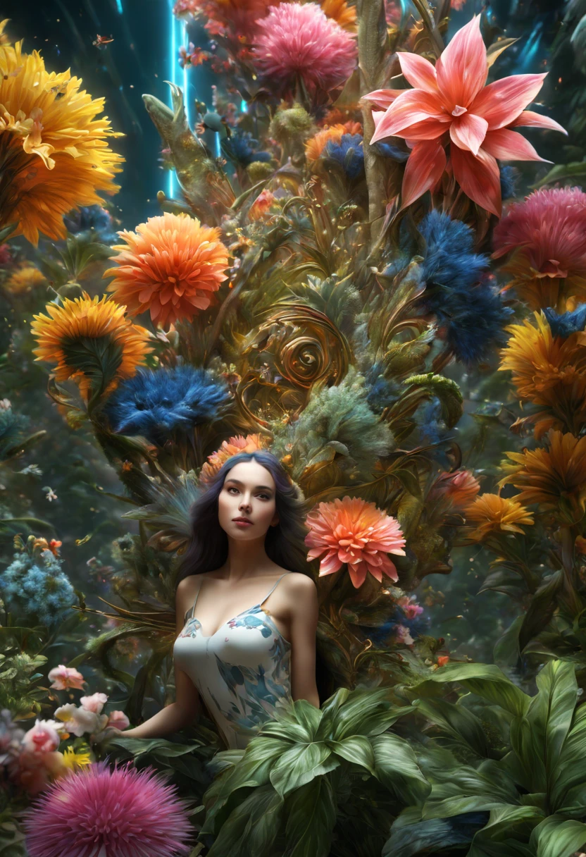 (Best quality, master peace: 1.3), (hyper-detailed, hyper-realistic color: 1.5), A cosmic garden of exotic alien flora and fauna., perfect composition, Best exposure, (golden ratio: 1.2), 8k, HDR, Dramatic, cinematic lighting, trend in Artstation and surrealism, trend in CGsociety, Professional oil paint, immense detail, painted like a professional painter