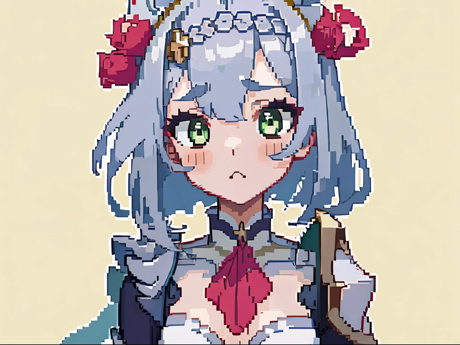 masterpiece, high quality, hcnone, pixel art, 1girl, noelle genshin impact, silver hair, green eyes, simple gold color background